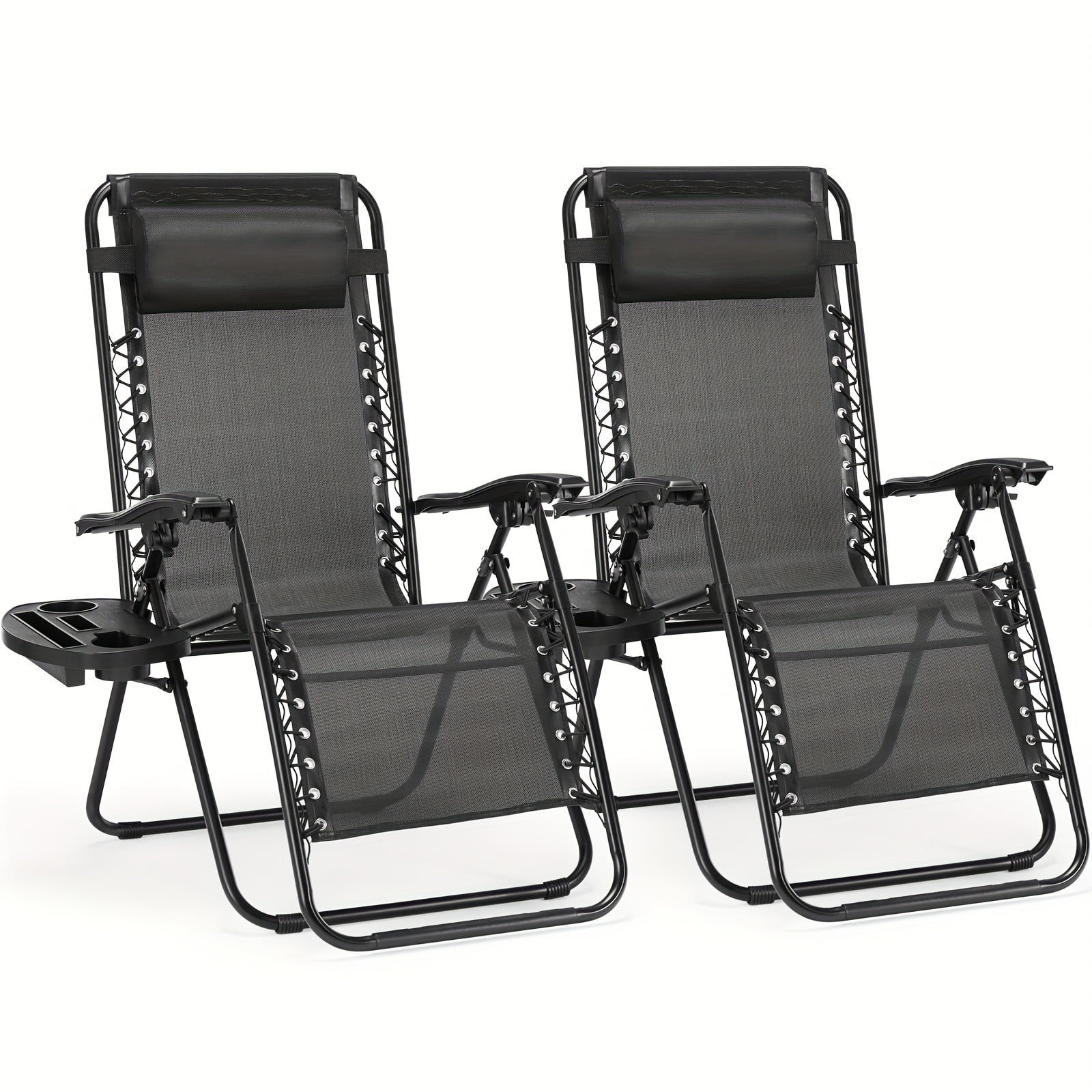 Zero  Gravity Lounge Chairs Set Of 2, Portable Folding Recliner Beach Camping Patio Outdoor Chair With Cup Holder Trays And Adjustable Pillow For Pool, Backyard, Lawn