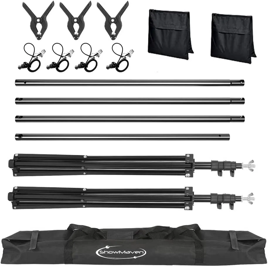 ShowMaven Background Stand, 6.5ft Height x 10ft Wide Adjustable Photo Backdrop Stand with Carry Bag, Clamps, Sangbags and Elastic String Clips
