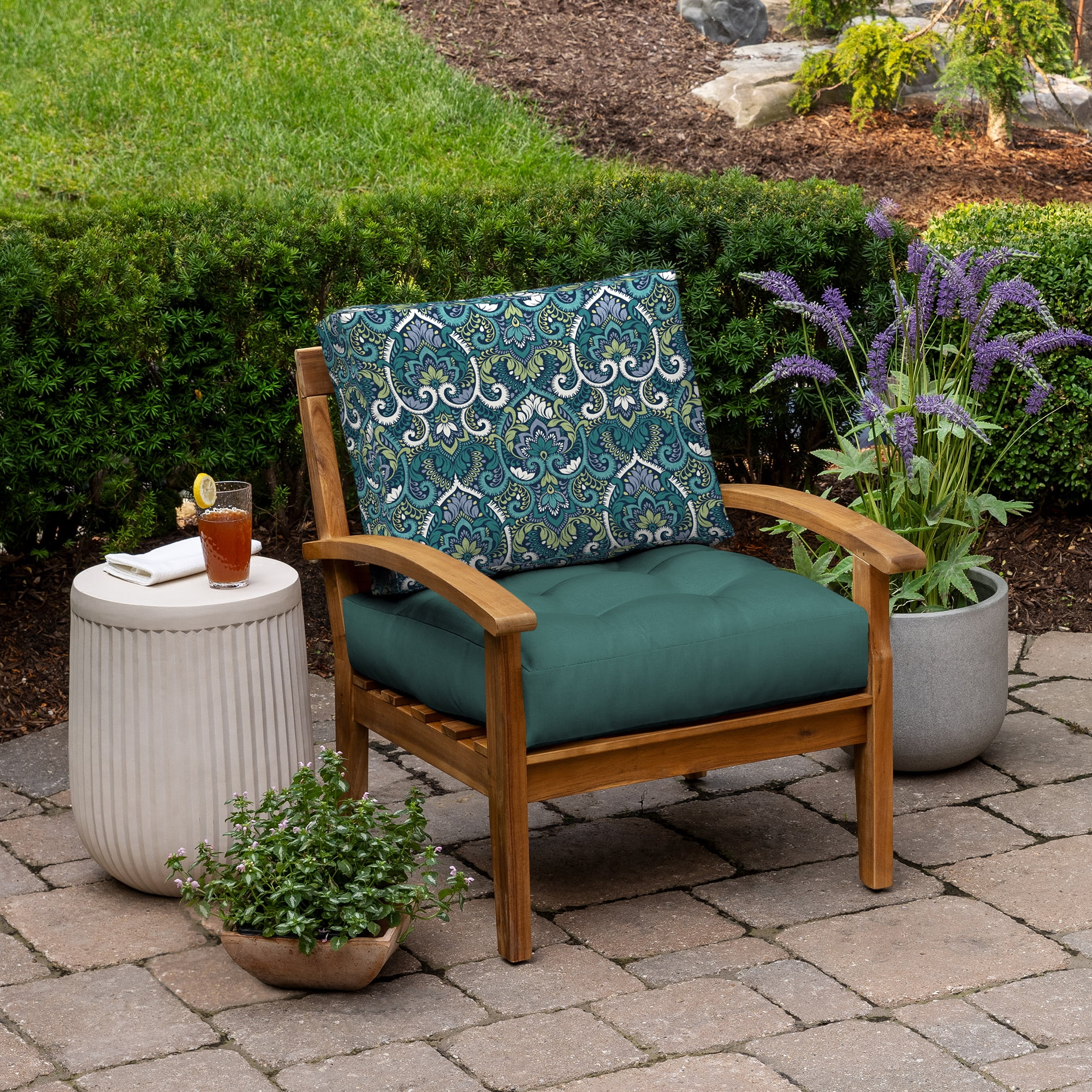 Arden Selections Reversible Outdoor Plush Modern Tufted Blowfill Deep Seat Set, 24 x 24, Water Repellent, Fade Resistant, Deep Seat Bottom and Back Cushion for Chair/Sofa, Sapphire Aurora Blue Damask