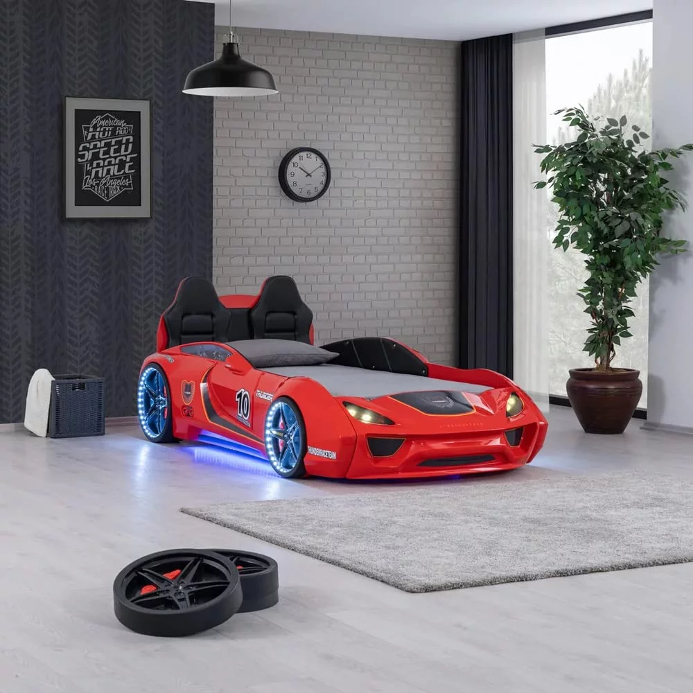 STAFFORA Kid Furniture, Race Car Twin Size Bed Frame with Wheel LED Lights, Car Beds for Kids and Toddlers (Red)