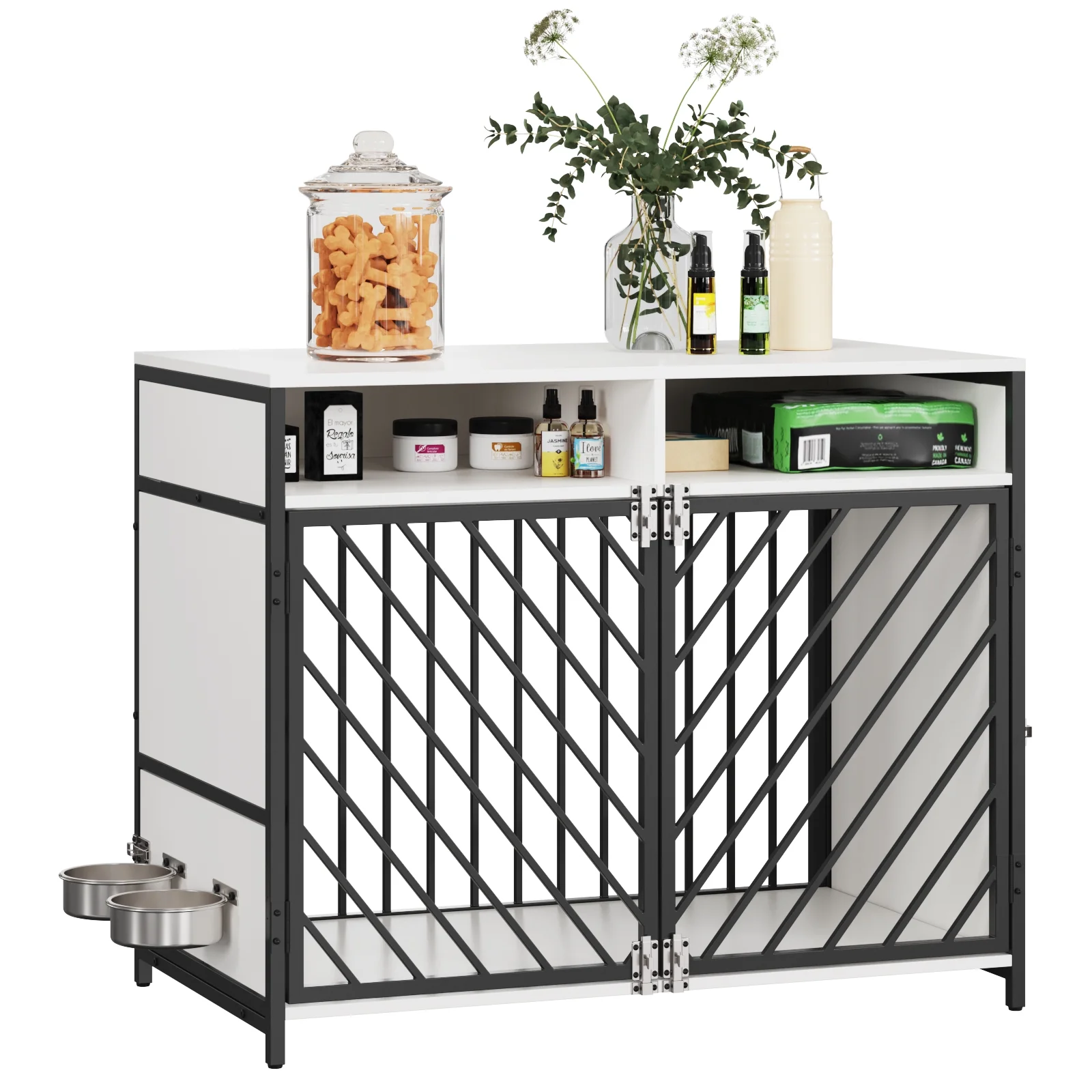 Veanerwood 39” Dog Crate Furniture with 360°Rotating Dog Bowls,Wooden Heavy Duty Dog Kennel Furniture with Storage Drawer for Large Medium Dogs,Double Doors Dog Cage Pet House End Table