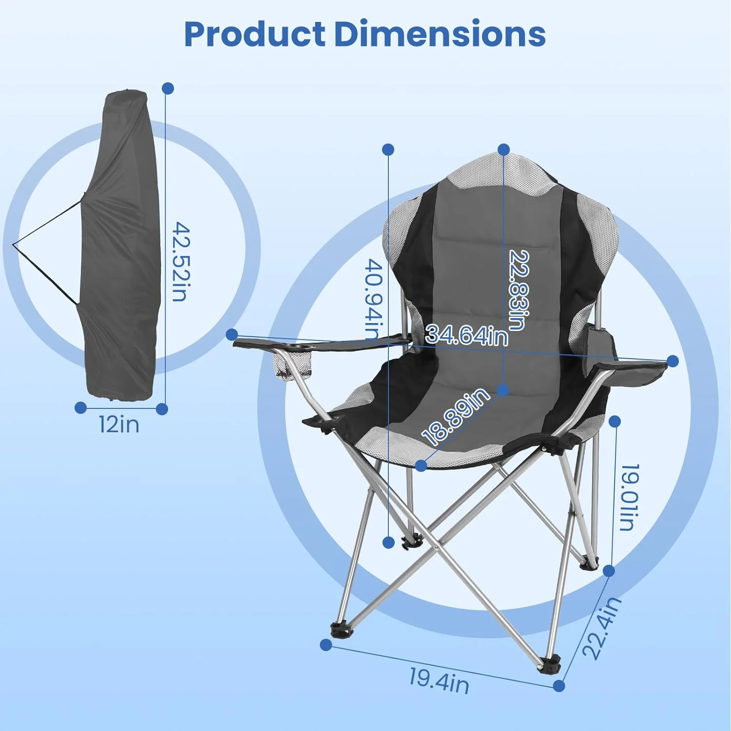 Foldable Camping Chair Heavy Duty Steel Lawn Chair Padded Seat Arm Back Beach Chair 330LBS Max Load with Cup Holder Carry Bag （Grey)
