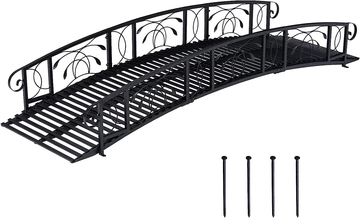 Kinbor 8ft Outdoor Metal Garden Bridge, Garden Arch Footbridge with 2 Safety Patterned Siderails, Black