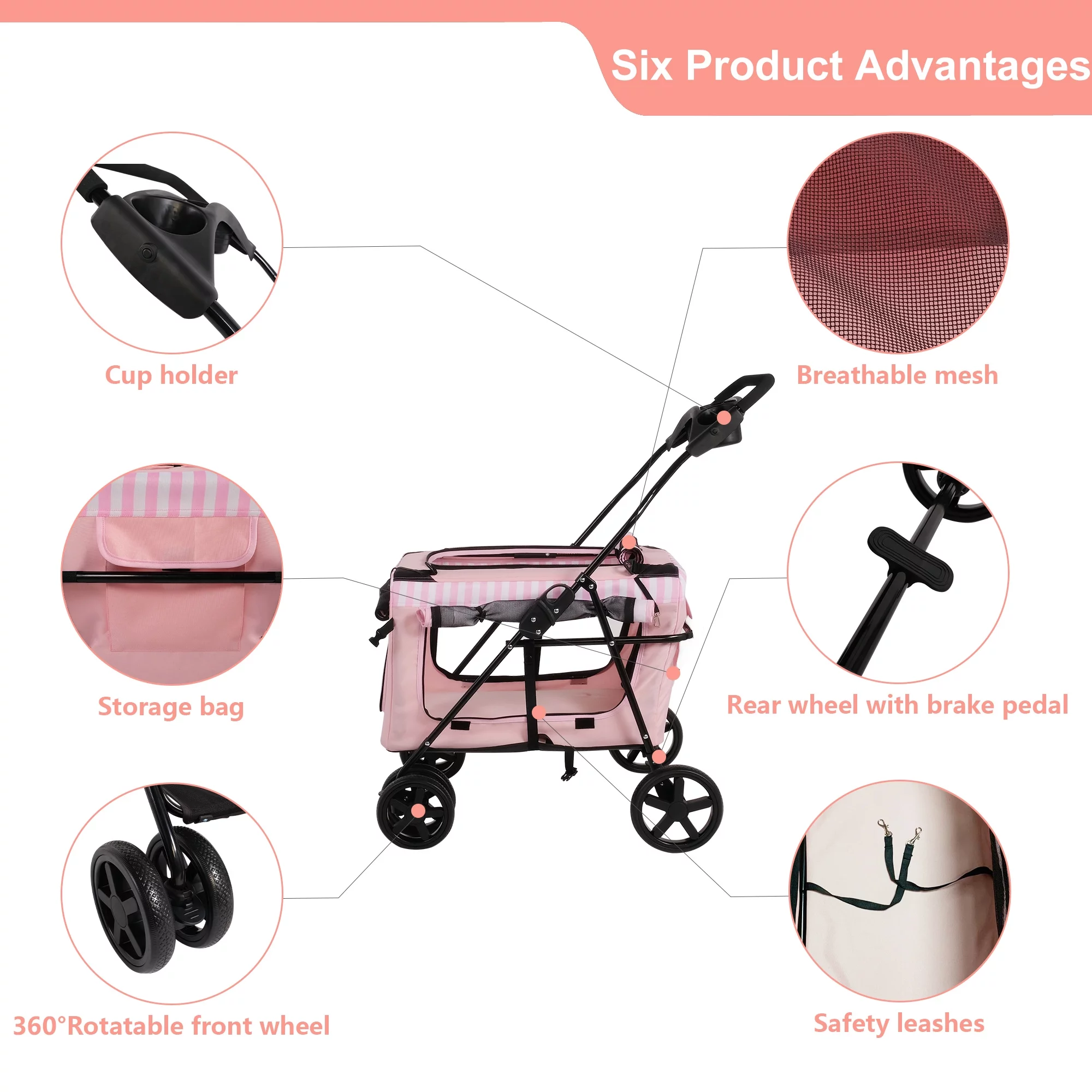 3-in-1 Folding Pet Dog Stroller, 4-Wheel Travel Dog Stroller with Water Cup Holder and Detachable Carrier Bag, Jogger with Pet Cat Kitten Puppy Carriages, Pink