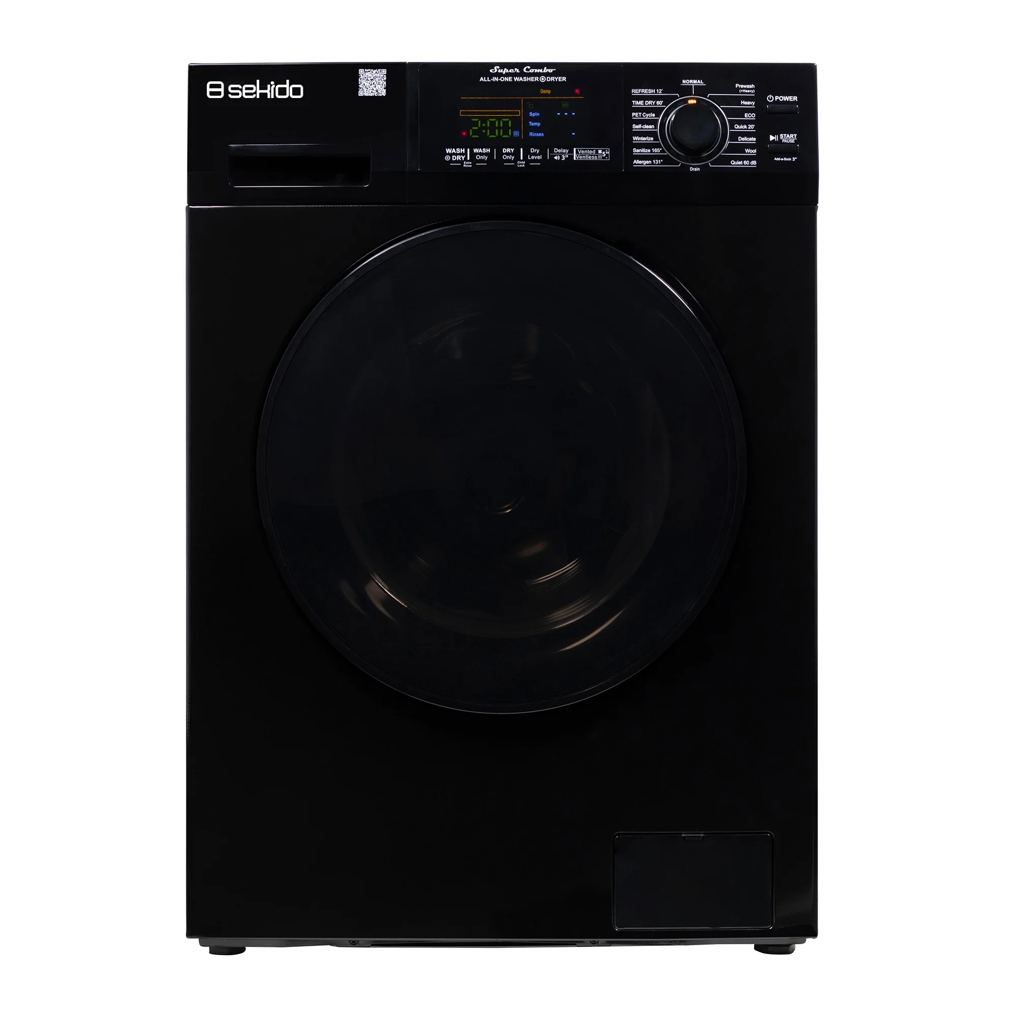 Sekido All-in-One Washer Dryer VENTLESS/VENTED 1.62cf/15lbs 110V with Pet Cycle, 15 programs and Threshold delivery in Black