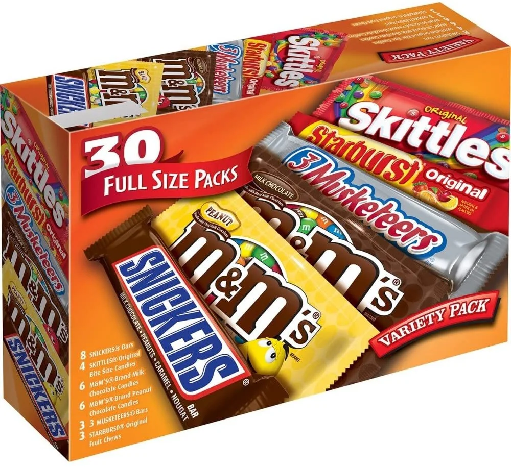 M&M'S, SNICKERS, 3 MUSKETEERS, SKITTLES & STARBURST Full Size Chocolate Candy Variety Mix 56.11-Ounce 30-Count Box