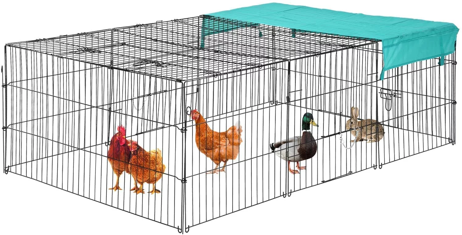 Dkeli Metal Chicken Coop Cage Walk-in Rabbit Enclosure Pen Outdoor Backyard Chicken Run Pen with Waterproof Cover for Rabbit Duck Hen, 72