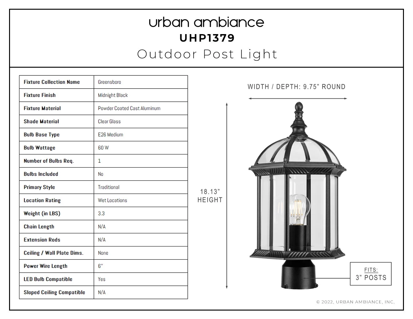 Luxury Transitional Post Light, 18.125H x 9.75W, with Traditional Style, Midnight Black, UHP1379 by Urban Ambiance