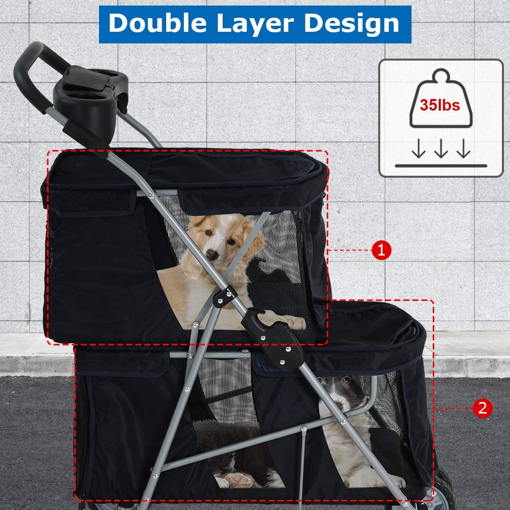 Double Pet Stroller for 2 Small Medium Dogs or Cats, Travel Folding Carrier Waterproof Puppy Stroller