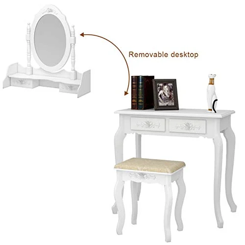 EEBUIHUI Vanity Set with 4-Drawer 360-Degree Rotation Removable Mirror Dresser, Makeup Vanity Table with Stool, Vanity Desk for Bedroom Large Storage Makeup Desk (White12)