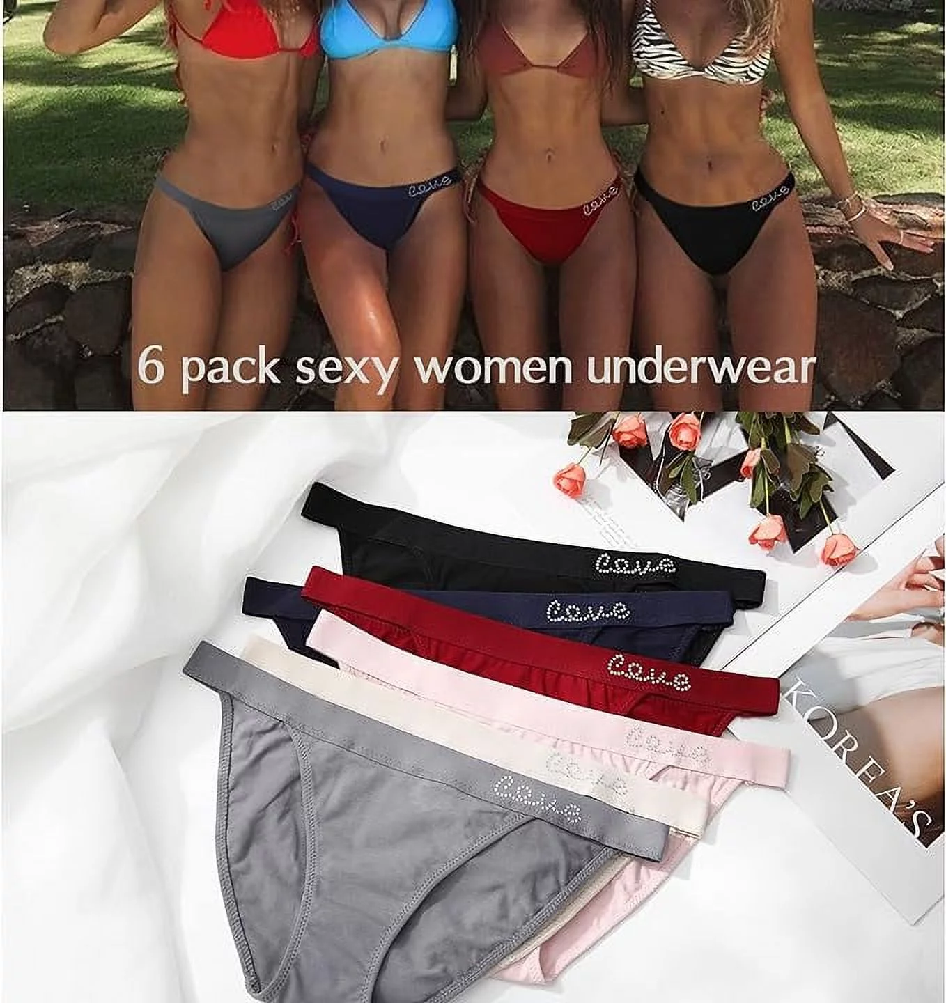 LEVAO Cotton Underwear Women Cheeky Panties Rhinestone Logo Low Rise String Bikini Panties 6 Pack S-XL