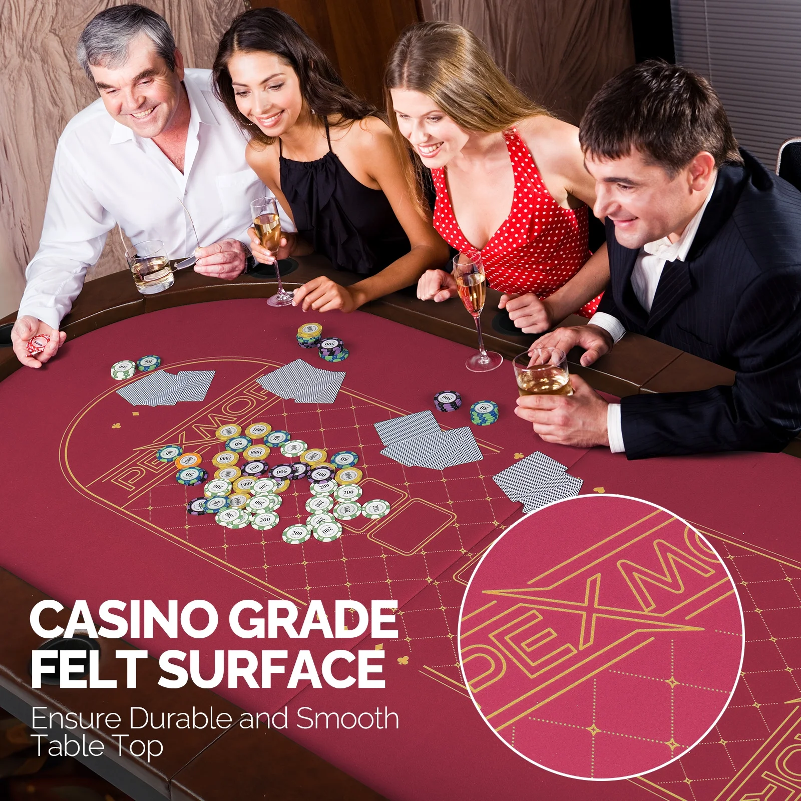 PEXMOR Foldable 10 Player Poker Table, Folding Casino Table Texas Holdem Poker Table, Portable Blackjack Card Game Table w/Stainless Steel Cup Holders & Padded Rails