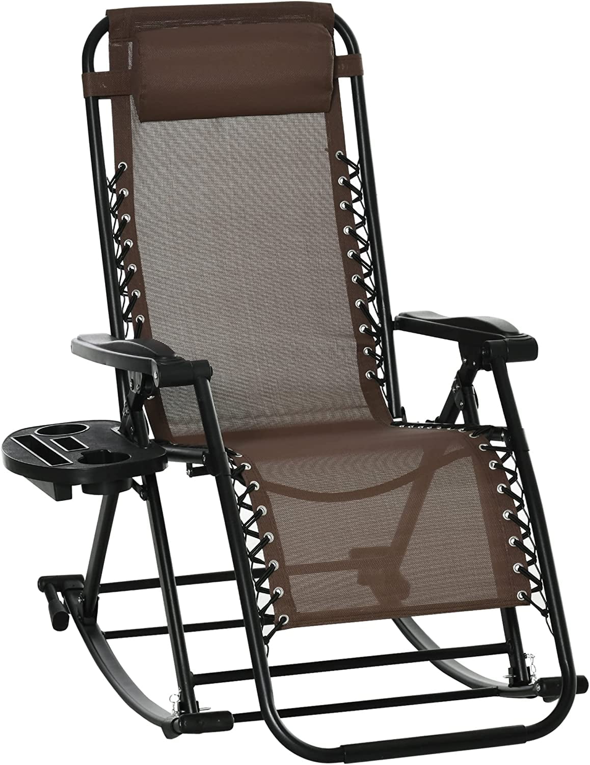 Outsunny Outdoor Rocking Chairs, Foldable Reclining Zero Gravity Lounge Rocker with Pillow, Cup & Phone Holder, Combo Design with Folding Legs, Brown