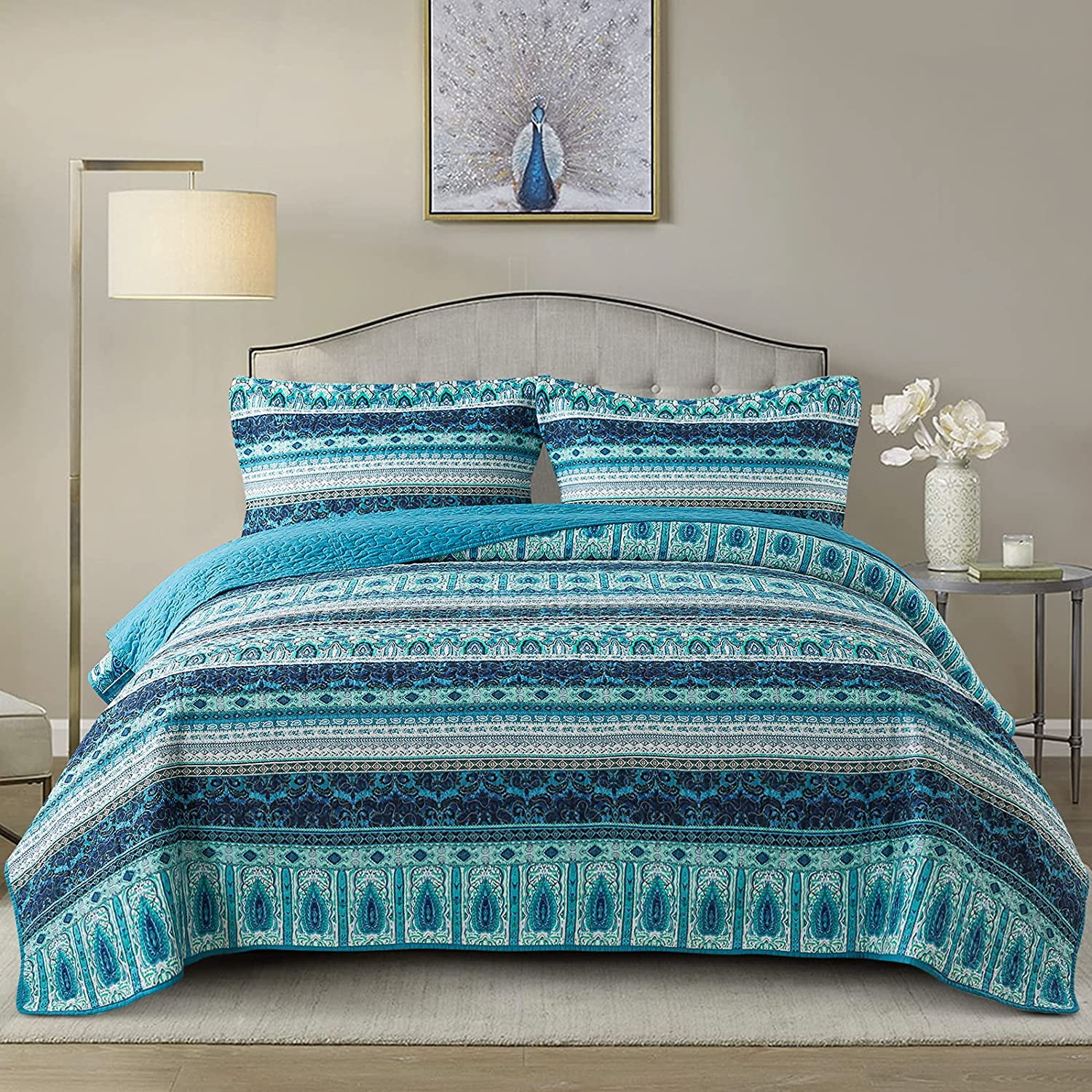 NEWLAKE Striped Jacquard Style Cotton 3-Piece Patchwork Bedspread Quilt Sets  King Size