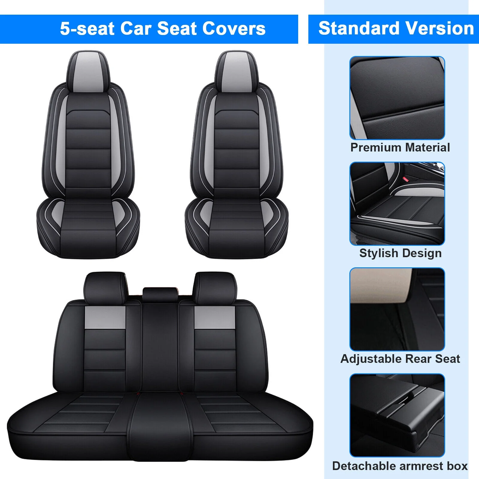 Fit for Honda Insight Car Seat Covers 5 Seats Full Set, Waterproof PU Leather Auto Seat Cushions Protector for Accord/ CR-V/ Crosstour/ Clarity Plug-In Hybrid Black+Gray