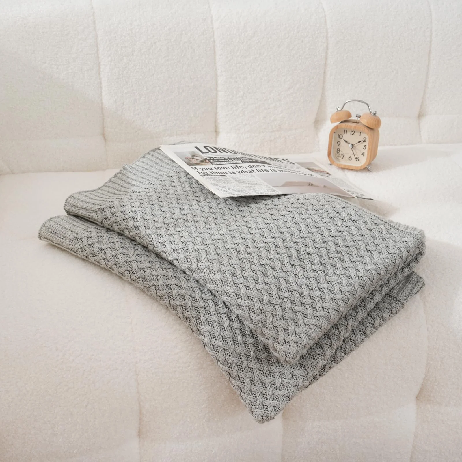 MEHGY 100% Cotton Throw Blanket, Super Soft, Lightweight and Breathable Knitted Blanket,for Couch, Sofa & Bed, 51 * 67 Inches (Gray)