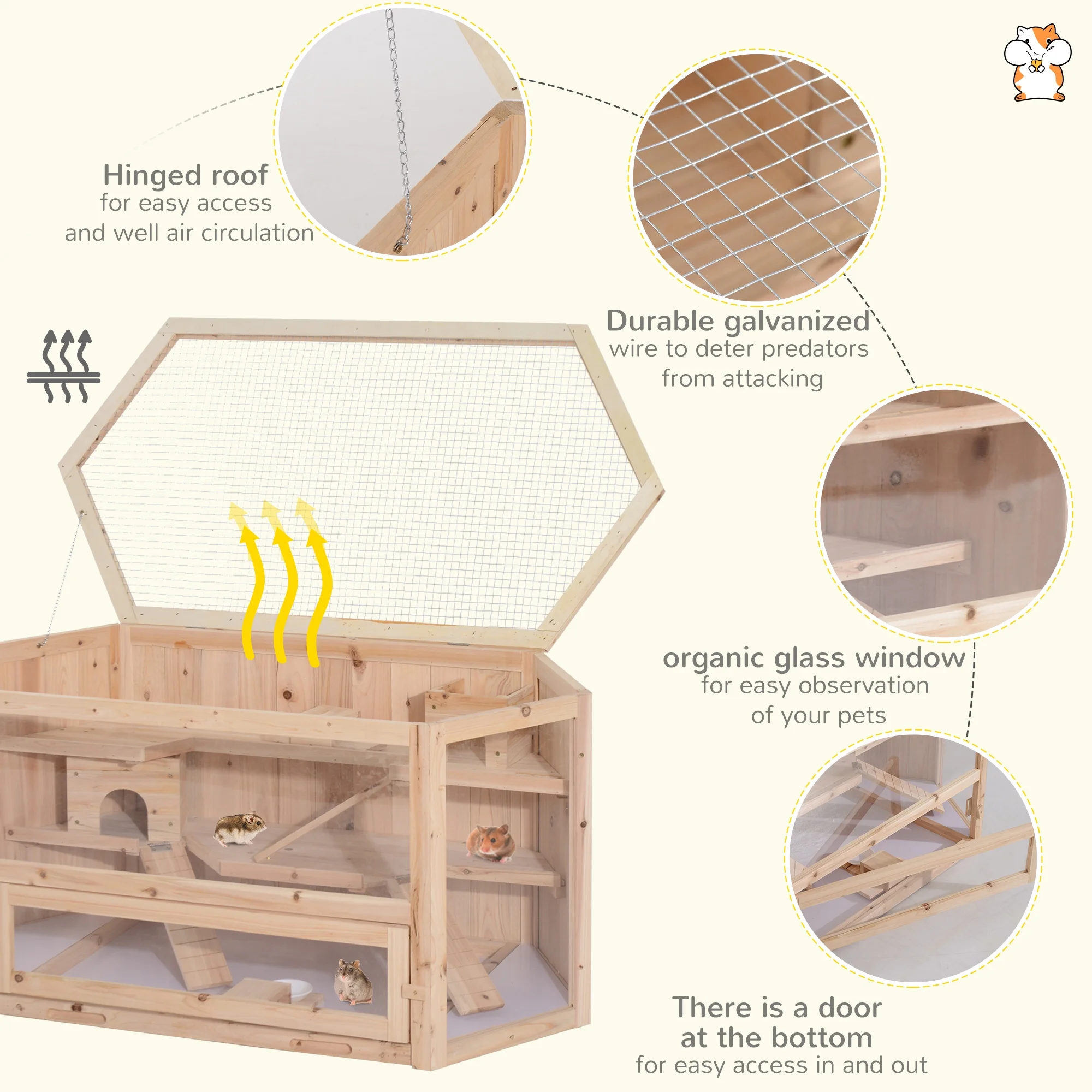 Pawhut Compatible Wooden 3-Tier Hamster Cage Hutch Box with Seesaw, Natural