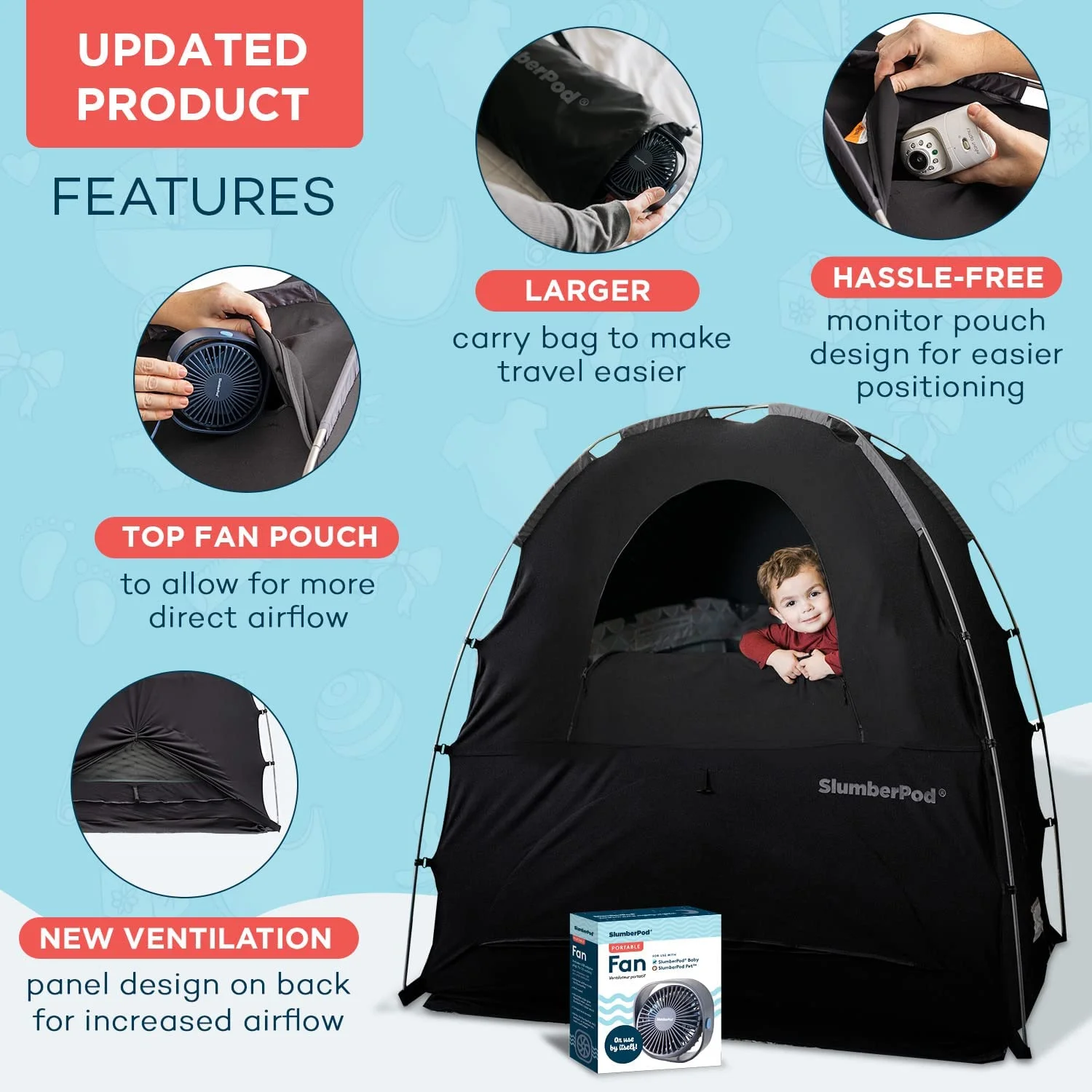 SlumberPod and Fan Combo 3.0  Portable Privacy Pod Blackout Canopy Crib Cover  Sleeping Space for Age 4 Months and Up  Pack n Play Blackout Cover  Baby Travel Crib Canopy (Black/Grey)