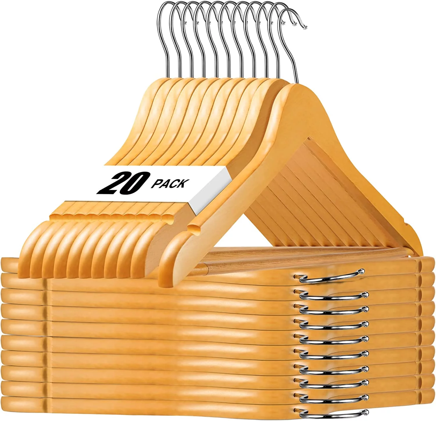 Wooden Hangers 20 Pack - Durable Non Slip Coat Hangers Heavy Duty- Natural Solid Wood Hangers - Clothes Hangers with Chrome Swivel Hooks - Great for Jacket, Dress, Suit Hangers, Home-It