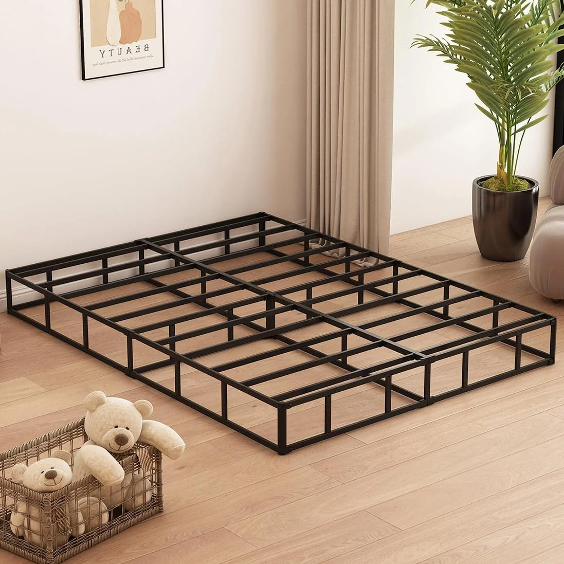 King Box Spring, 9 Inch High Profile Metal Box Spring King Bed Base with Fabric Cover, Sturdy Mattress Foundation, Easy Assembly, Noise Free, Black