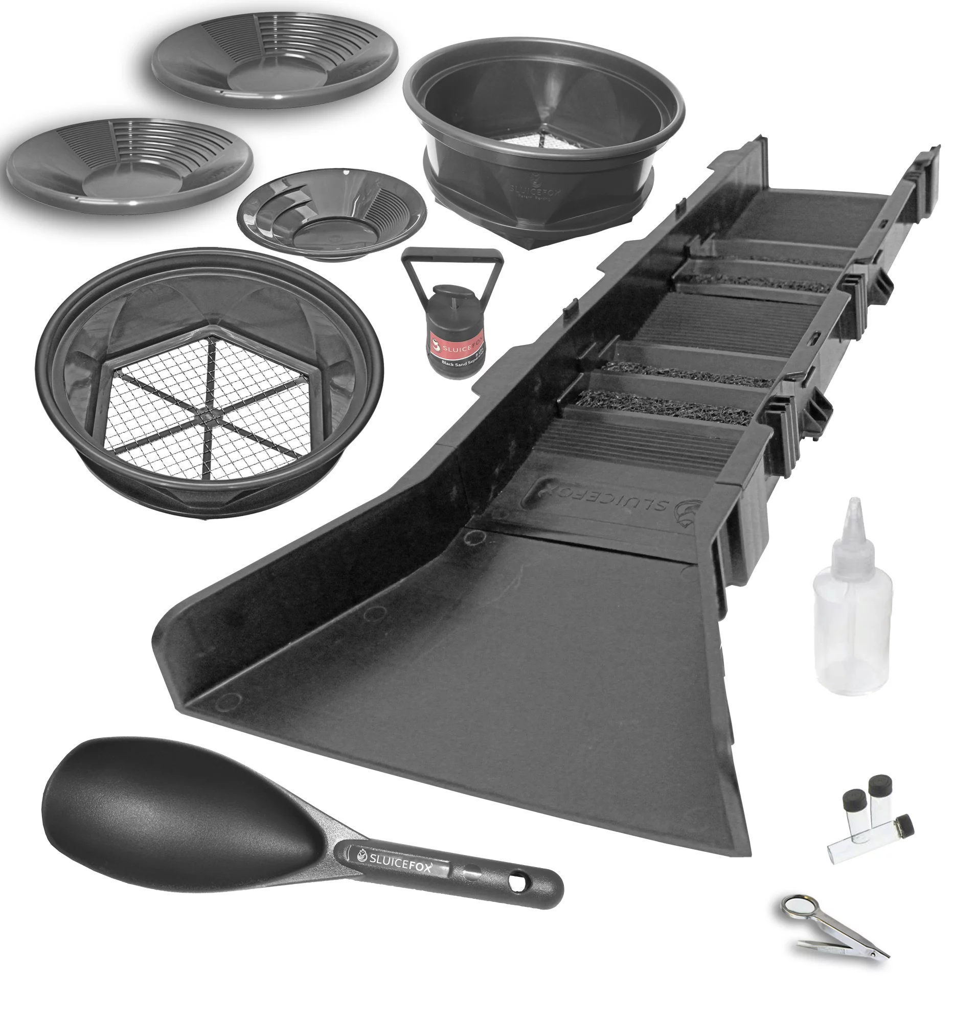 Sluice Fox 14 Piece Gold Panning Kit Sluice Box Classifiers Pans Tweezers BLACK