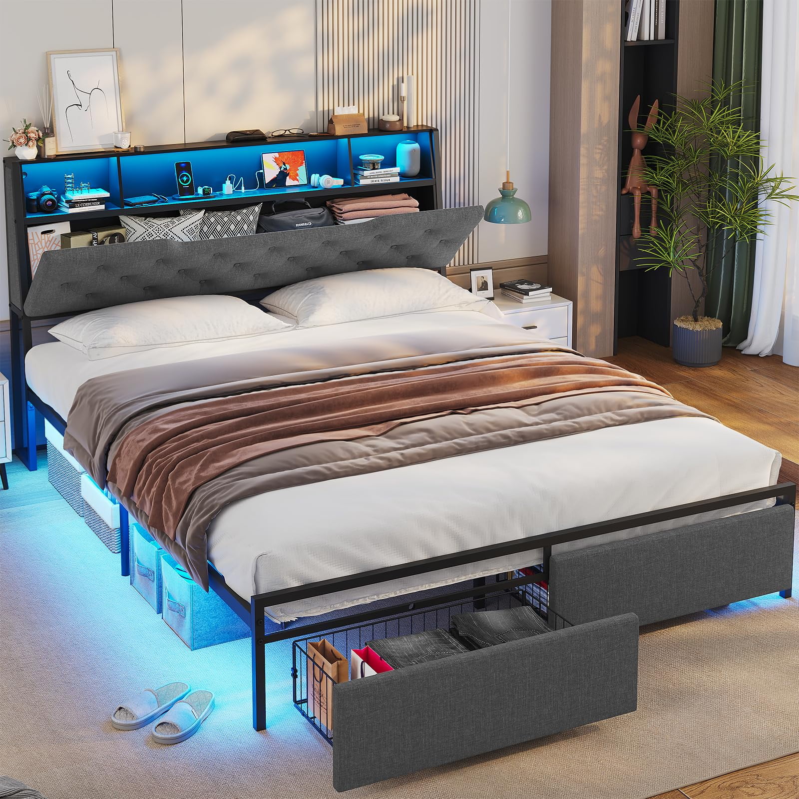 Afuhokles Full Bed Frame with Charging Station, Headboard Storage and 2 Drawers LED Lights, Dark Gray