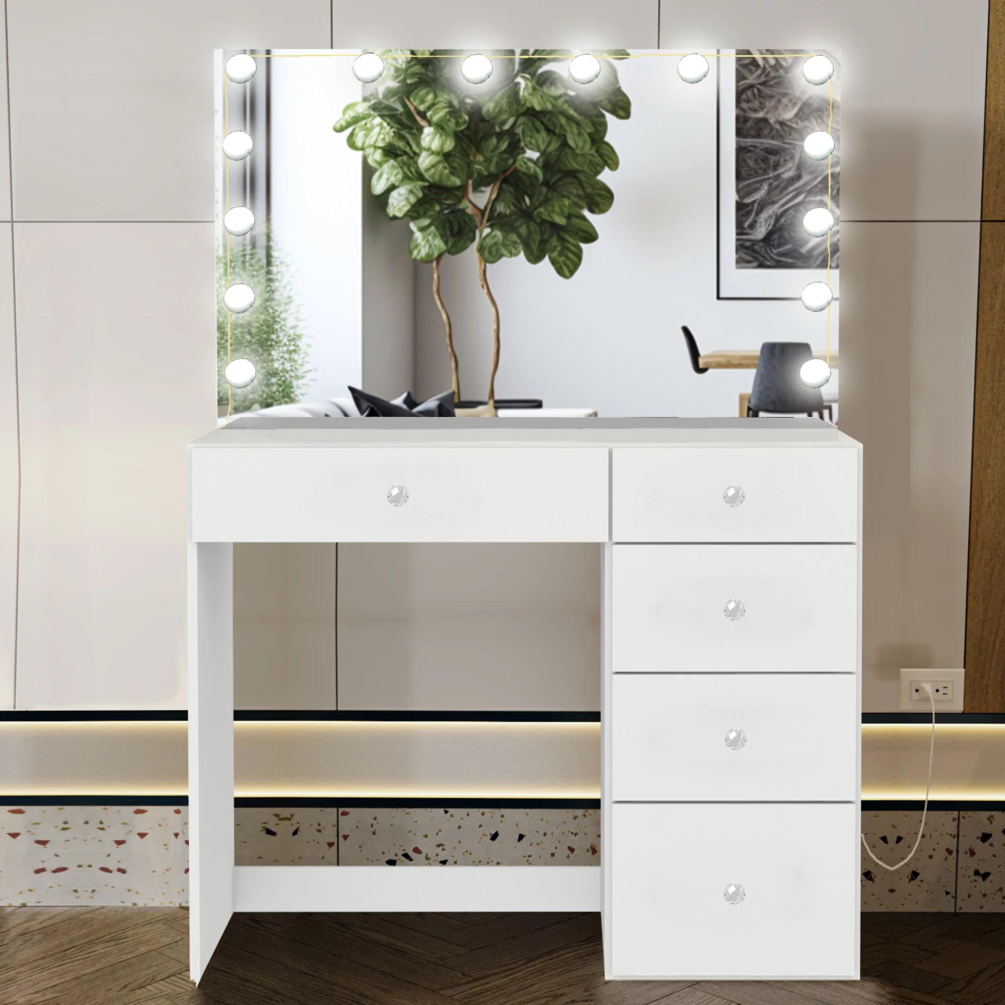 Boahaus Amelia PRO Modern Vanity Desk with 5 Drawers, Lights, Crystal Ball Knobs, Wide Mirror, White
