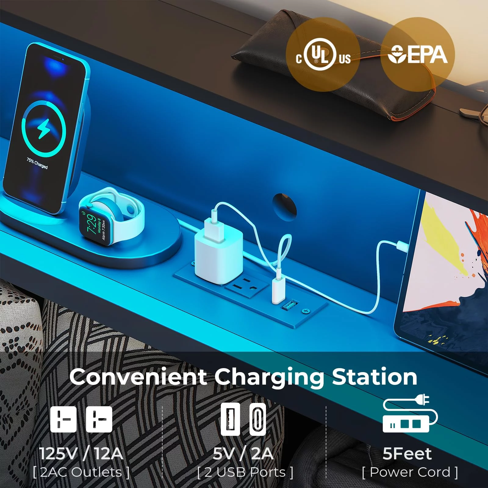 Afuhokles Full Bed Frame with Charging Station, Headboard Storage and 2 Drawers LED Lights, Dark Gray