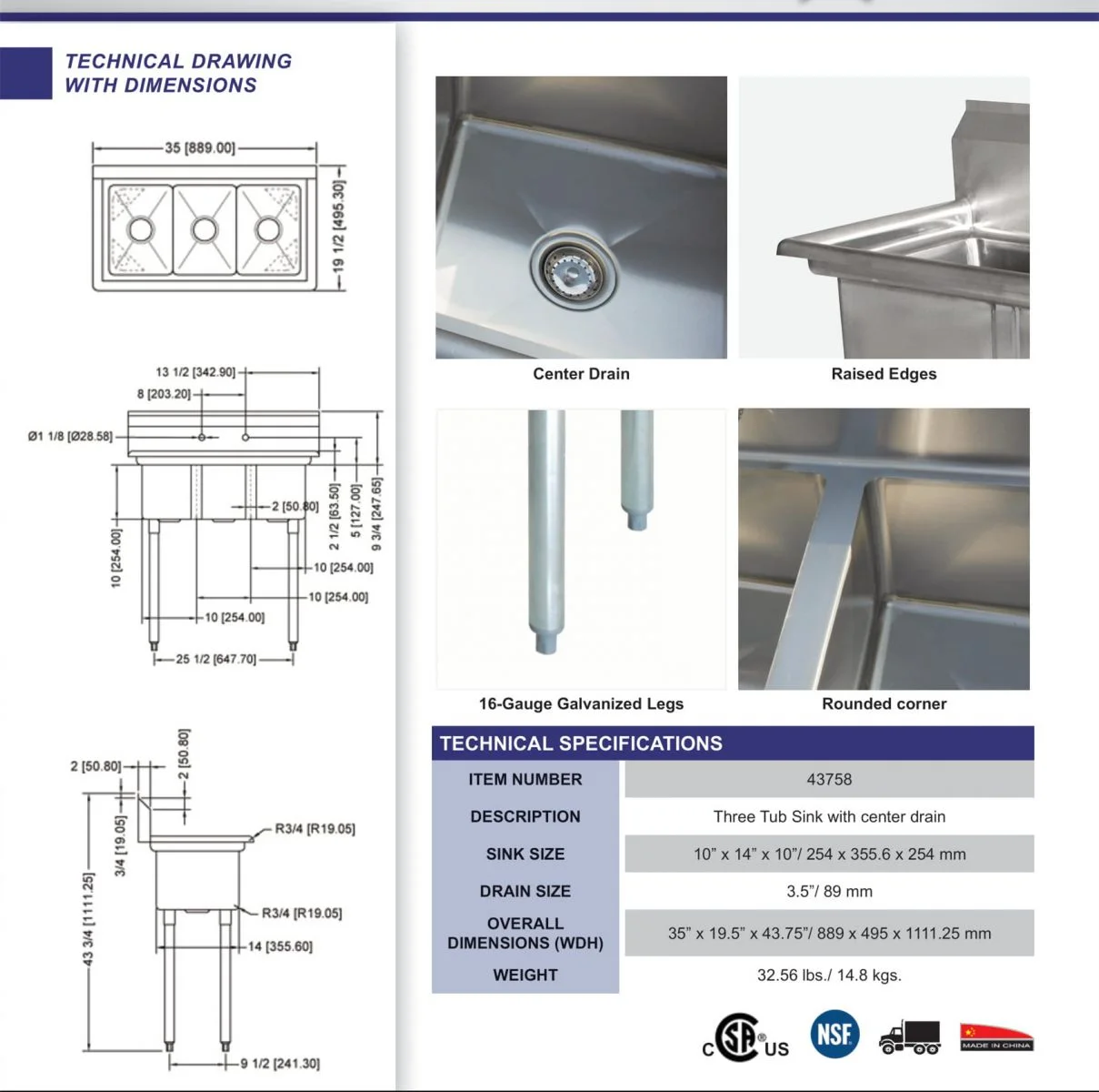 35 in. Commercial Heavy-Duty Three Compartment Sink in Stainless Steel 35.8''Wx20''Dx43''H