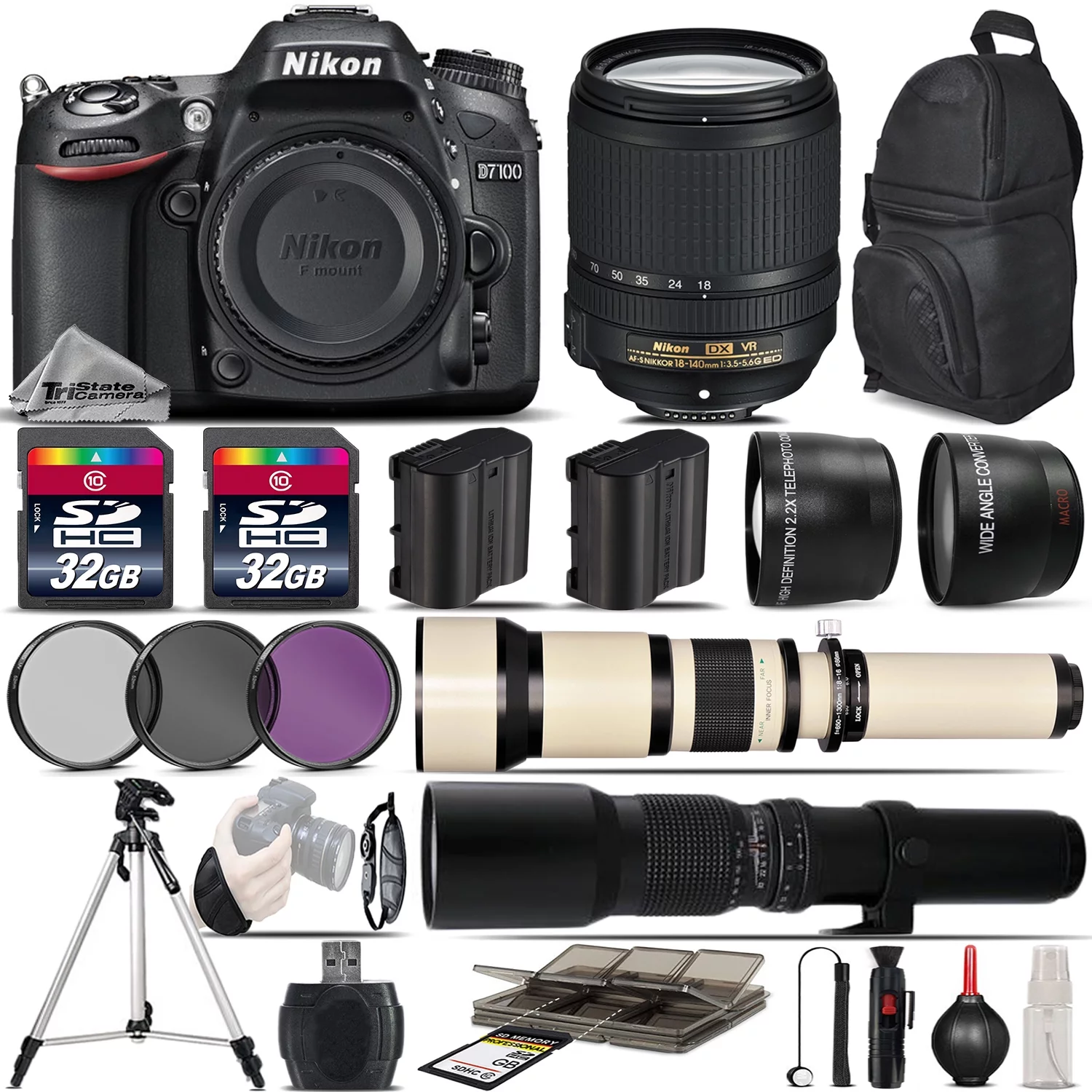 Nikon D7100 DSLR Camera + 18-140 VR Lens + 650-1300mm Lens + 500mm - 5Lens Kit