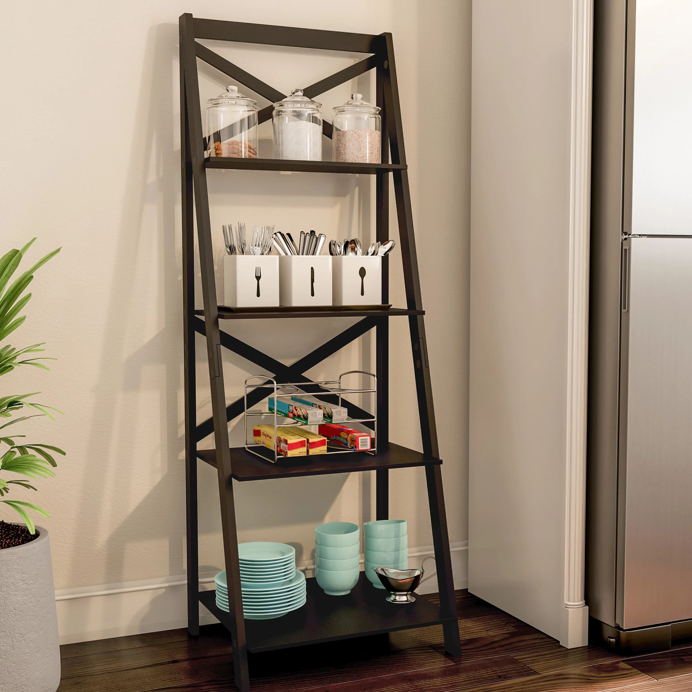 Lavish Home 4-Tier Ladder Shelf Set – Set of 2 Wooden Bookcases, Black