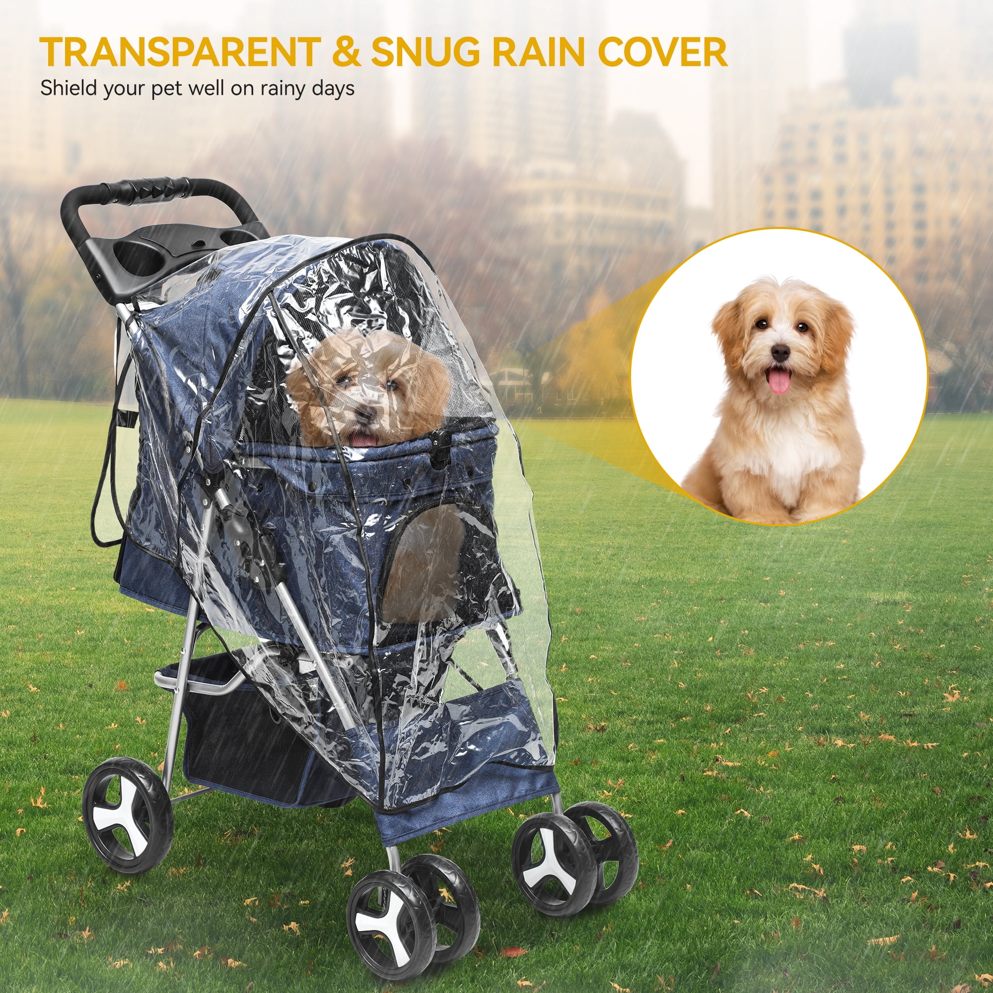 Dextrus 4 Wheel Foldable Dog Stroller with Storage Basket, Pet Stroller with 360? Rotation Wheel, for Small Medium Dogs & Cats,Navy Blue