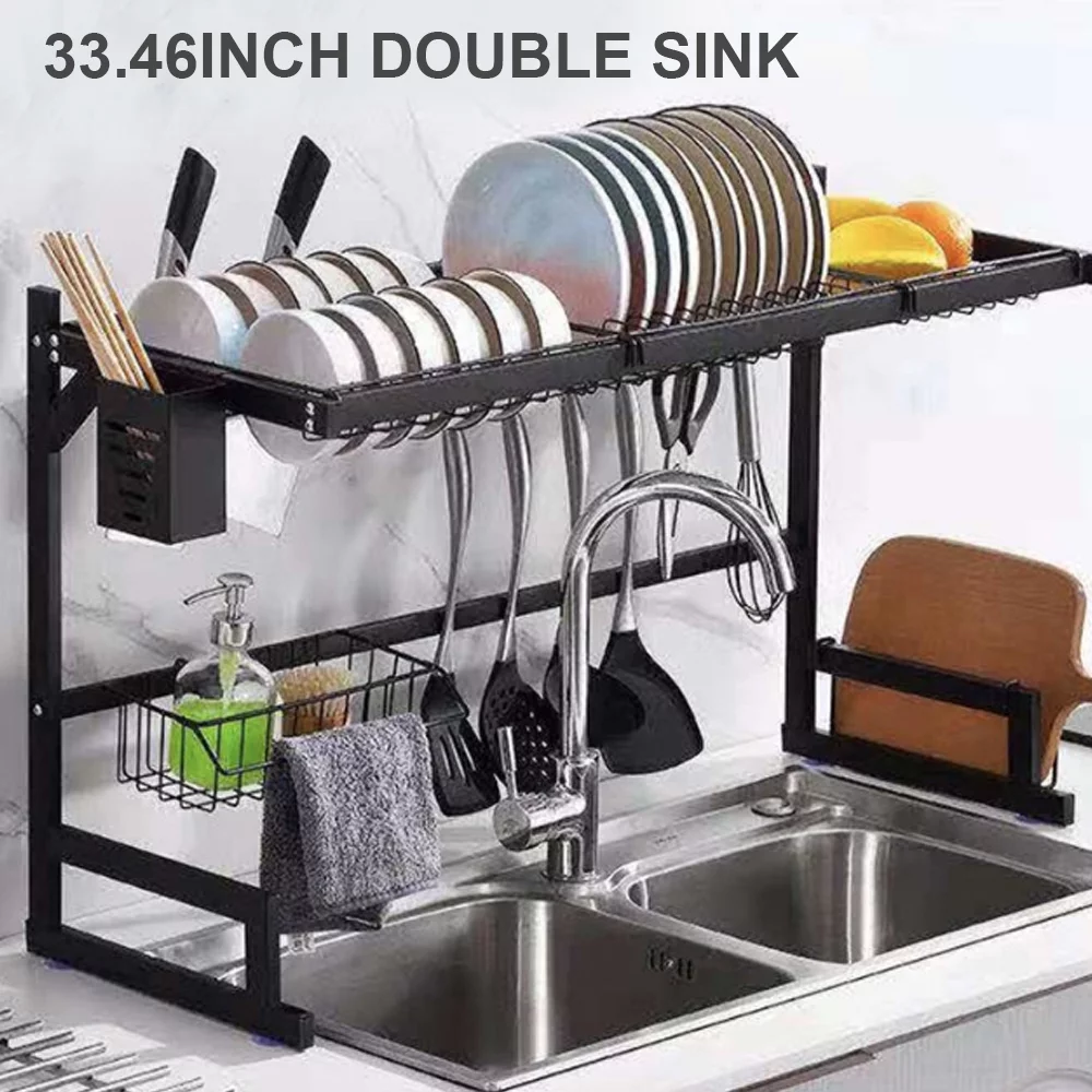 Dish Self Over the Sink Dish Racks for Kitchen Counter 2 Tier Full Stainless Steel Over Sinks Dry Rack , Multifunctional Over Sinks Shelf , Over Sinks Dish Drying Rack ,Black (Single Sink-85CM)