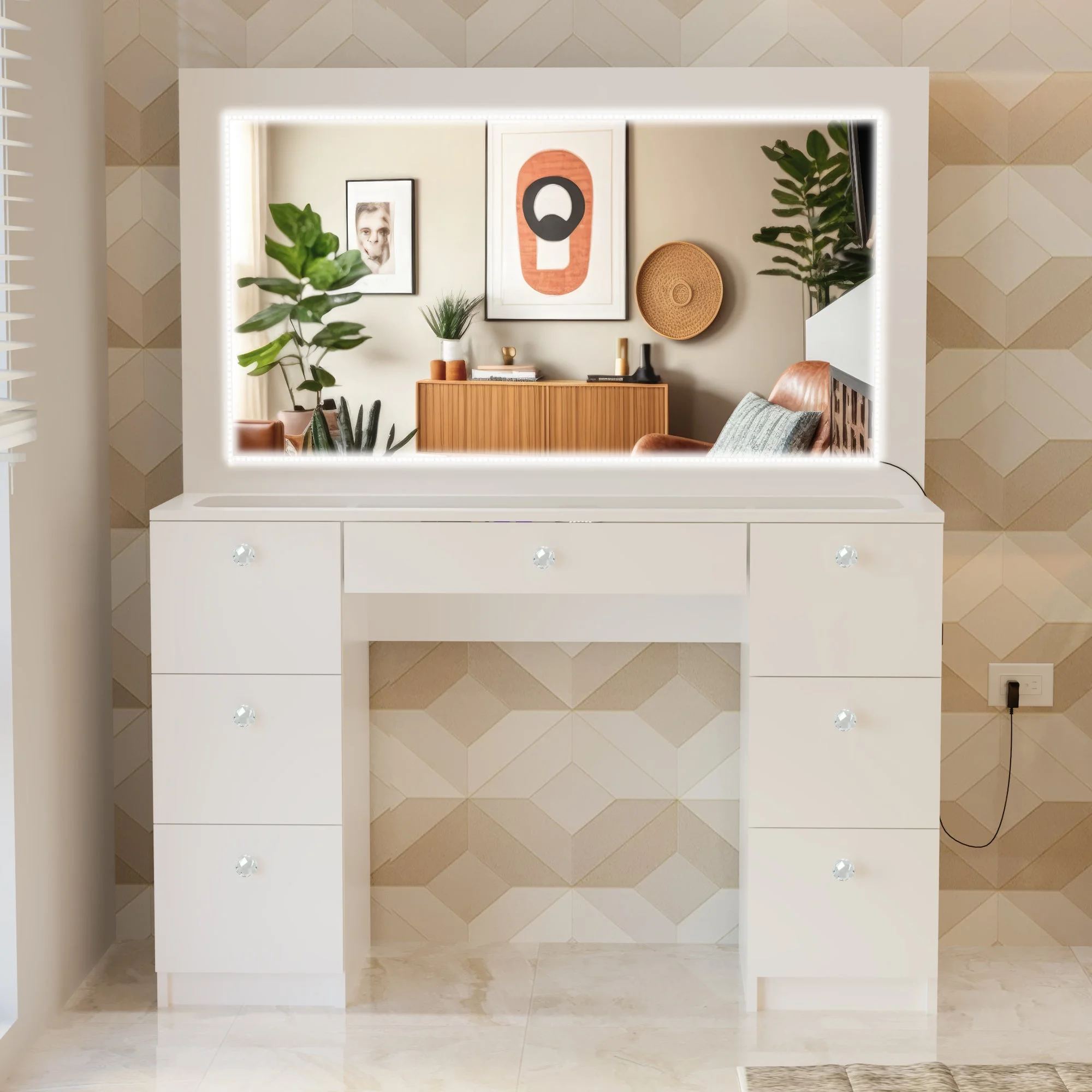 Boahaus Seraphine White Modern Vanity Desk with Mirror, LED Lights, 7 Drawers, Crystal Ball Knobs, for Bedroom