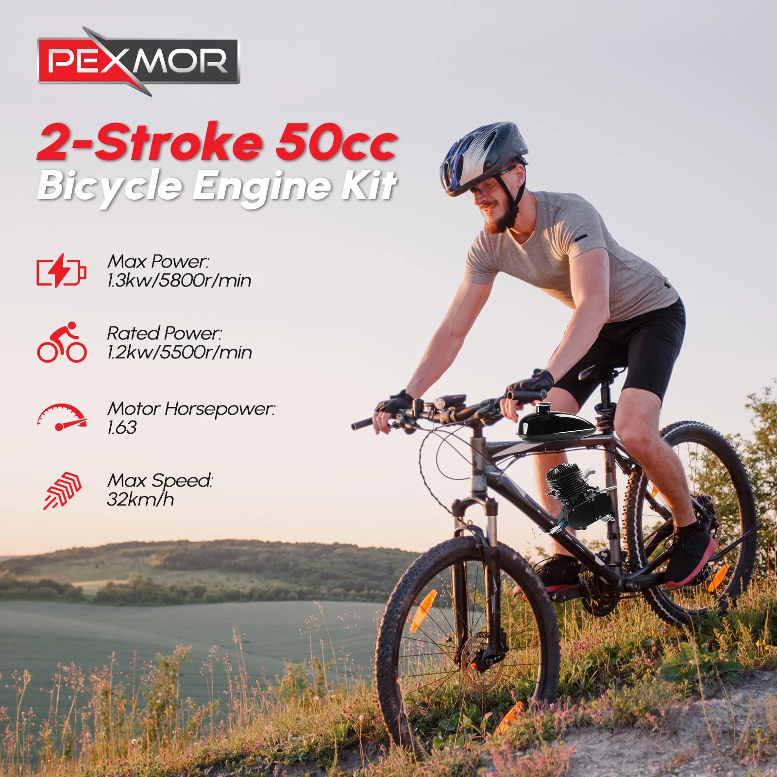 PEXMOR 50cc Bicycle Engine Kit 2-Stroke Gas Motorized Bike Motor Kit, Petrol Gasoline Engine Conversion Refit Kit Super Fuel-efficient for 26