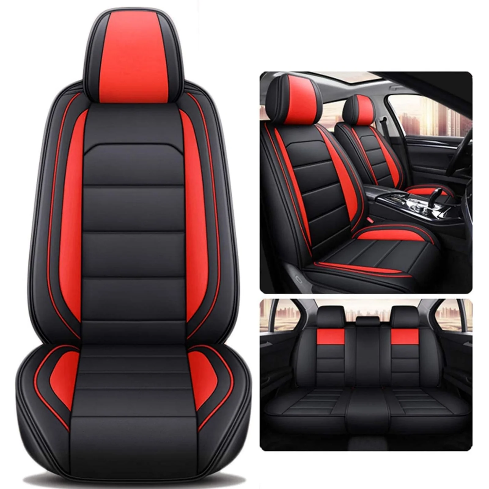 Car Seat Covers for Toyota Corolla, Premium 5 Seats PU Leather Auto Seat Cushions Protector, Front Rear Full Set for RAV4/ Echo/ Matrix/ Prius Black&Red