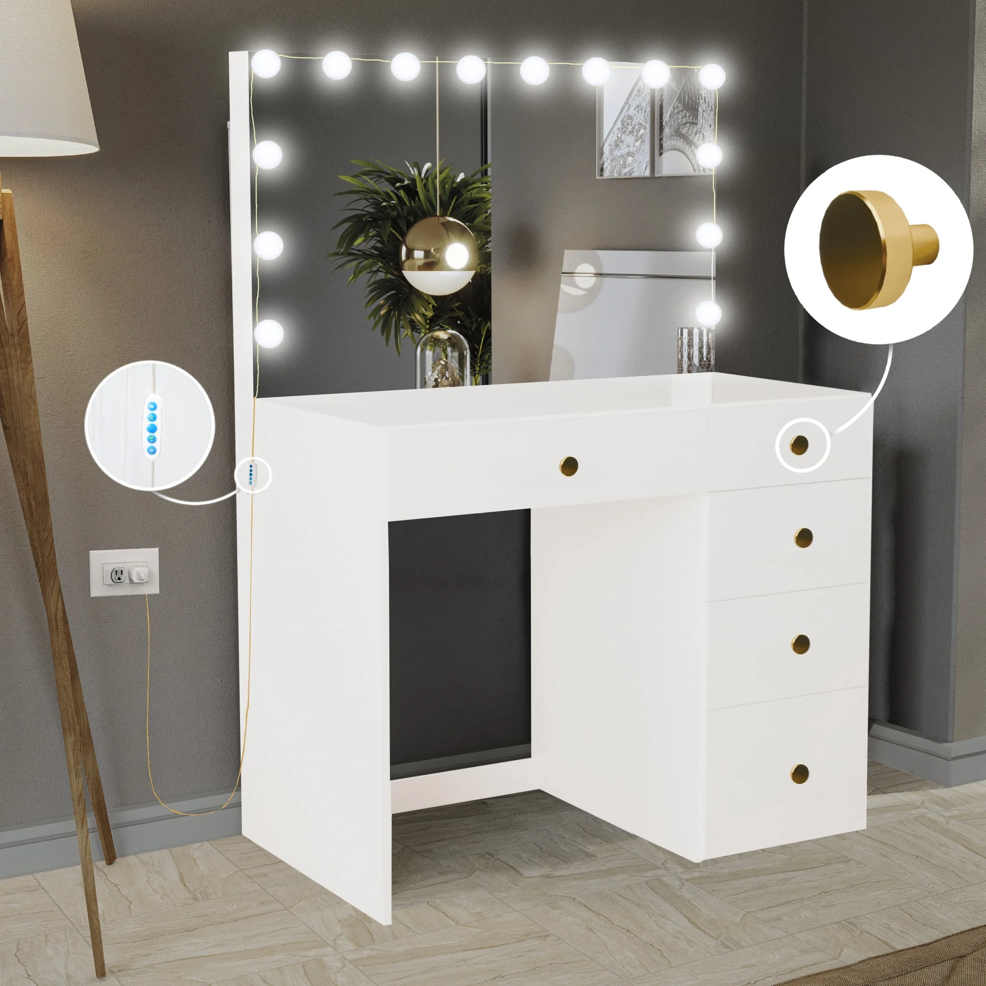 Boahaus Amelia PRO Modern Vanity Desk with 5 Drawers, Lights, Golden Knobs, Wide Mirror, White