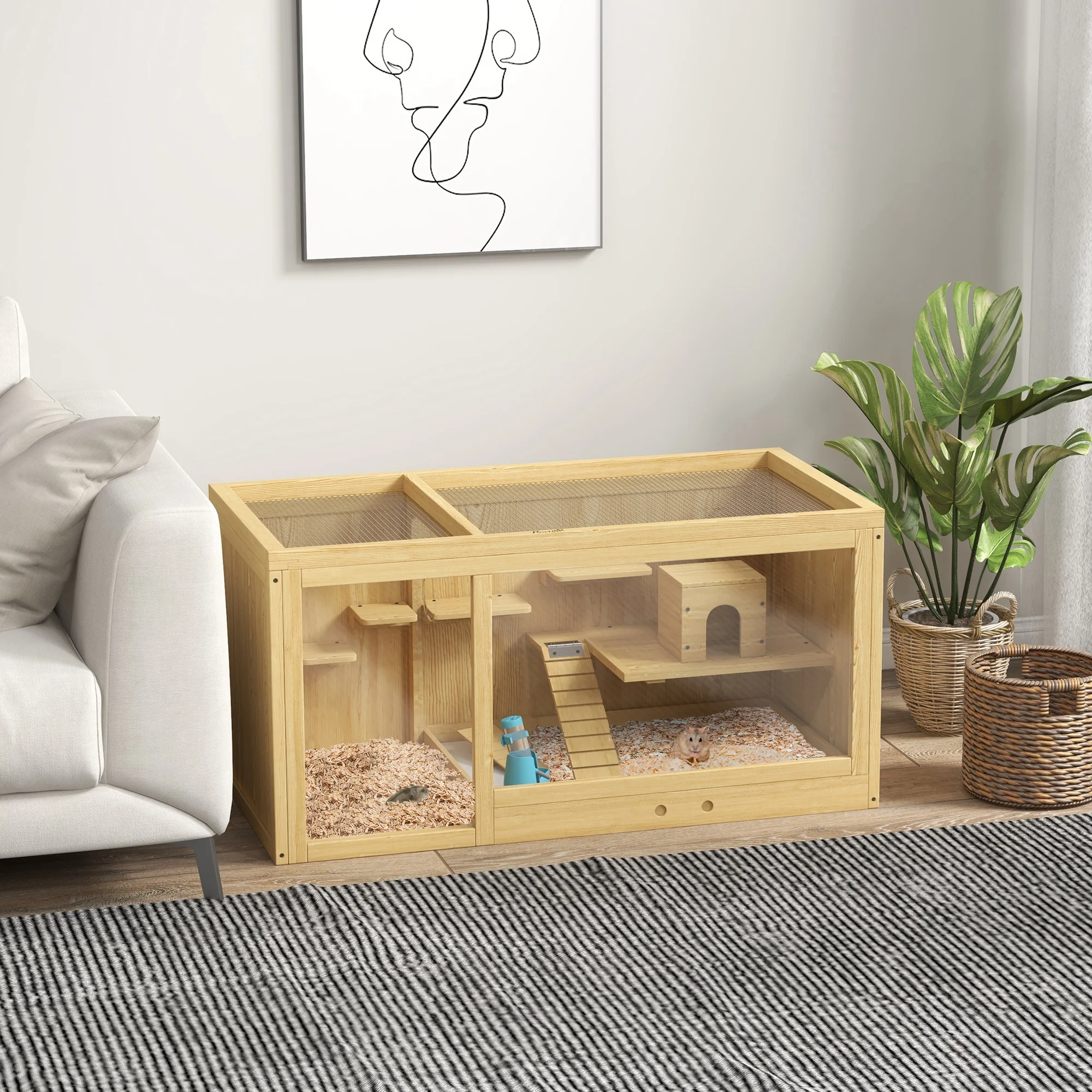 PawHut Extra Large Wooden Hamster Cage with Pull-out Tray, Seesaws, Ladder