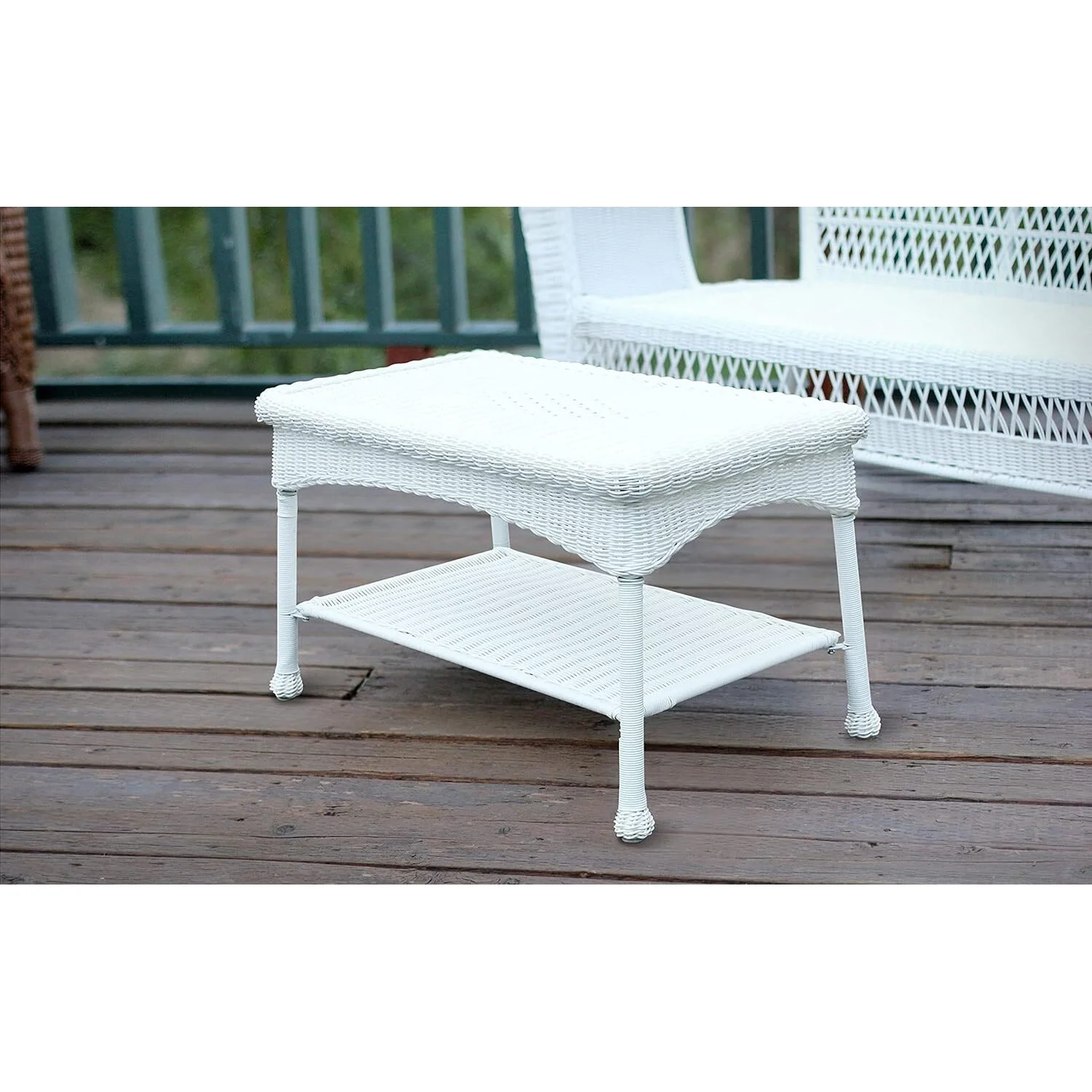 White Wicker Patio Love Seat and Coffee Table Set with Orange Cushion