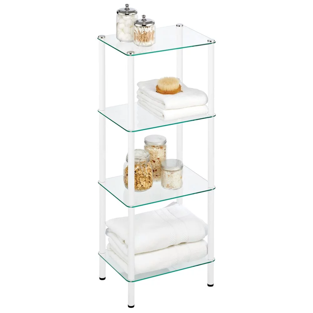 mDesign 4-Tier Glass/Metal Standing Shelf Organizer Display Unit, White/Clear