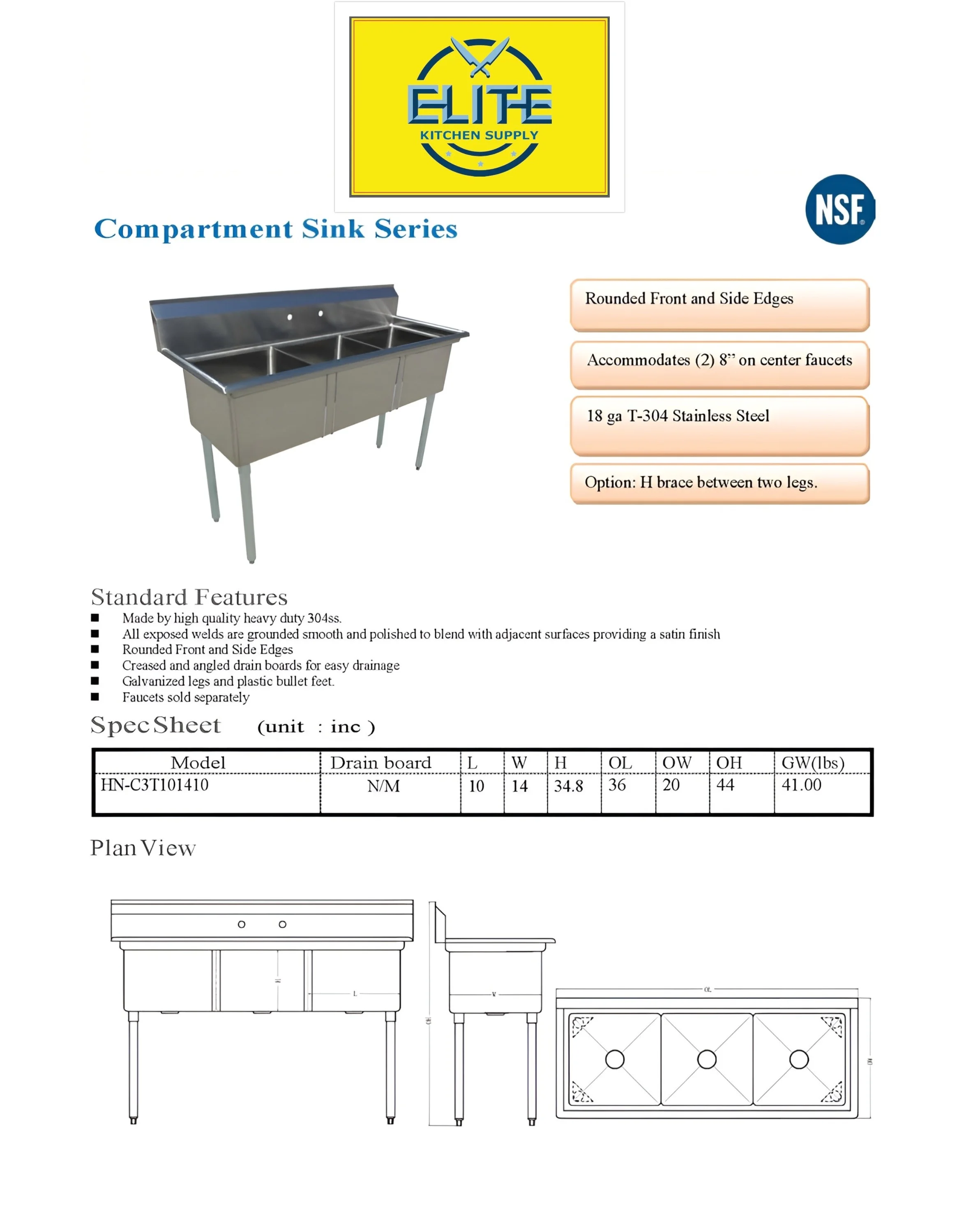 35 in. Commercial Heavy-Duty Three Compartment Sink in Stainless Steel 35.8''Wx20''Dx43''H