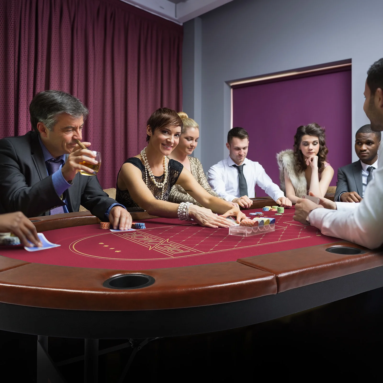 PEXMOR Foldable 10 Player Poker Table, Folding Casino Table Texas Holdem Poker Table, Portable Blackjack Card Game Table w/Stainless Steel Cup Holders & Padded Rails