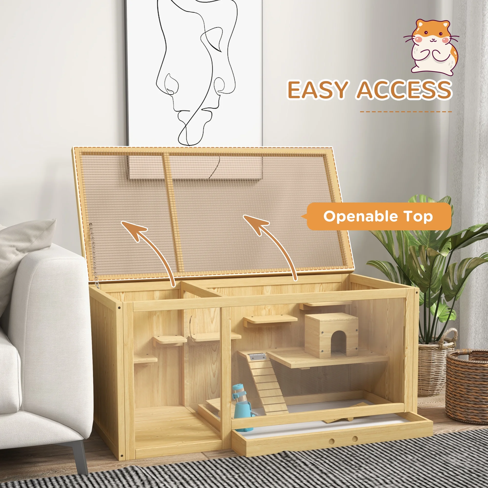 PawHut Extra Large Wooden Hamster Cage with Pull-out Tray, Seesaws, Ladder