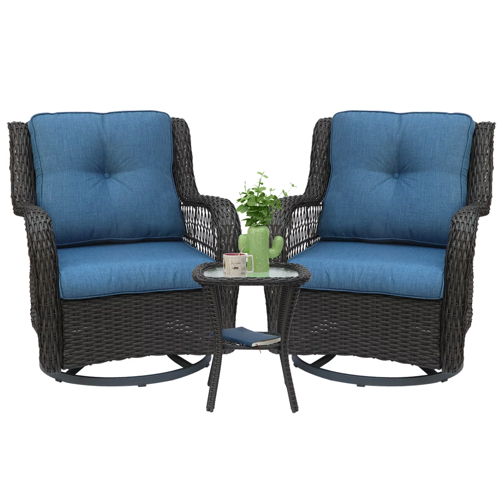 EURO SAKURA 3 PCS Outdoor Wicker Swivel Rocker Patio Set,360 Degree Swivel Rocking Rattan Chairs Patio Wicker Bistro Sets