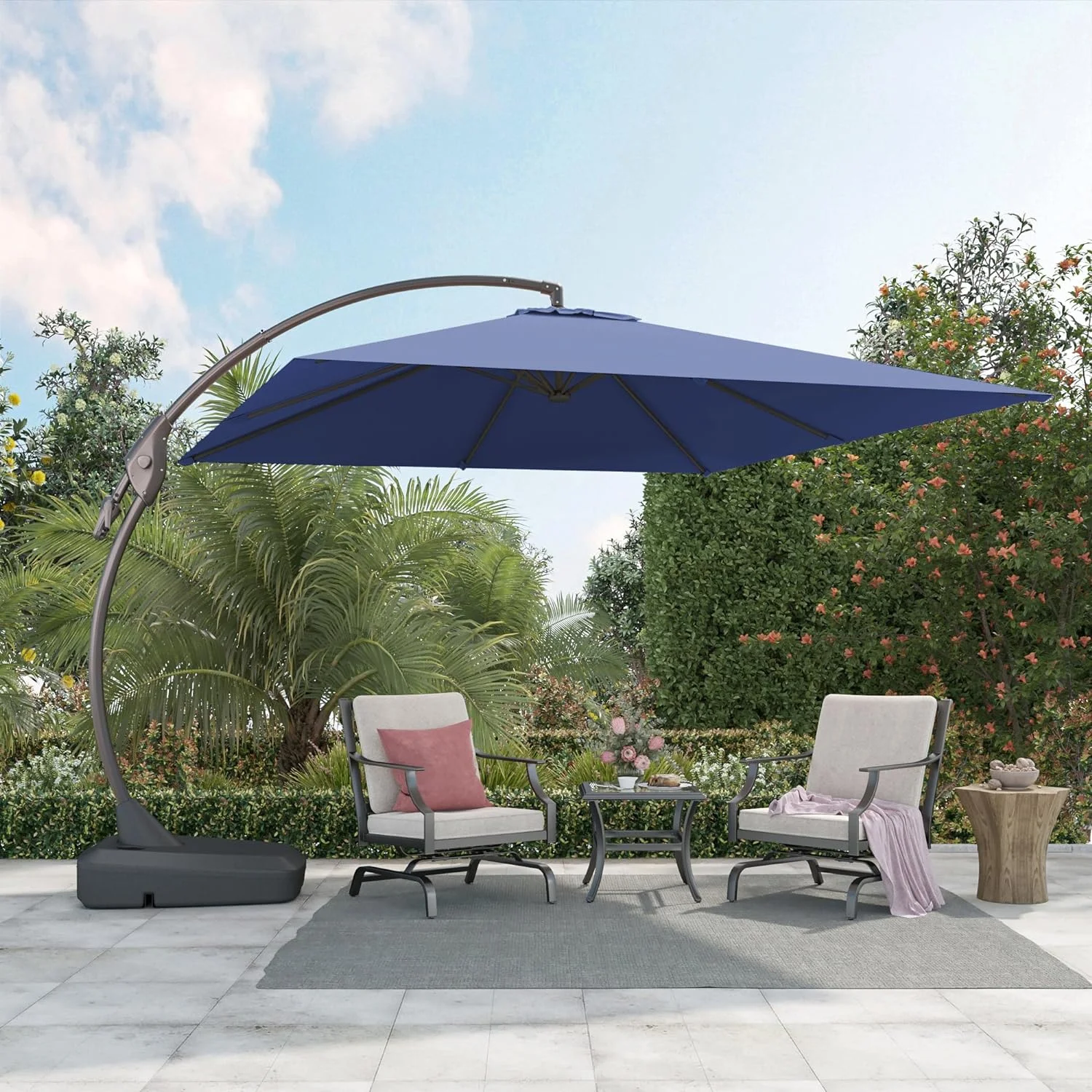 Grand Patio 10x10 Ft Deluxe Patio Aluminum Offset Umbrella with Base, Large Rectangular Outdoor Cantilever Umbrella, Navy Blue