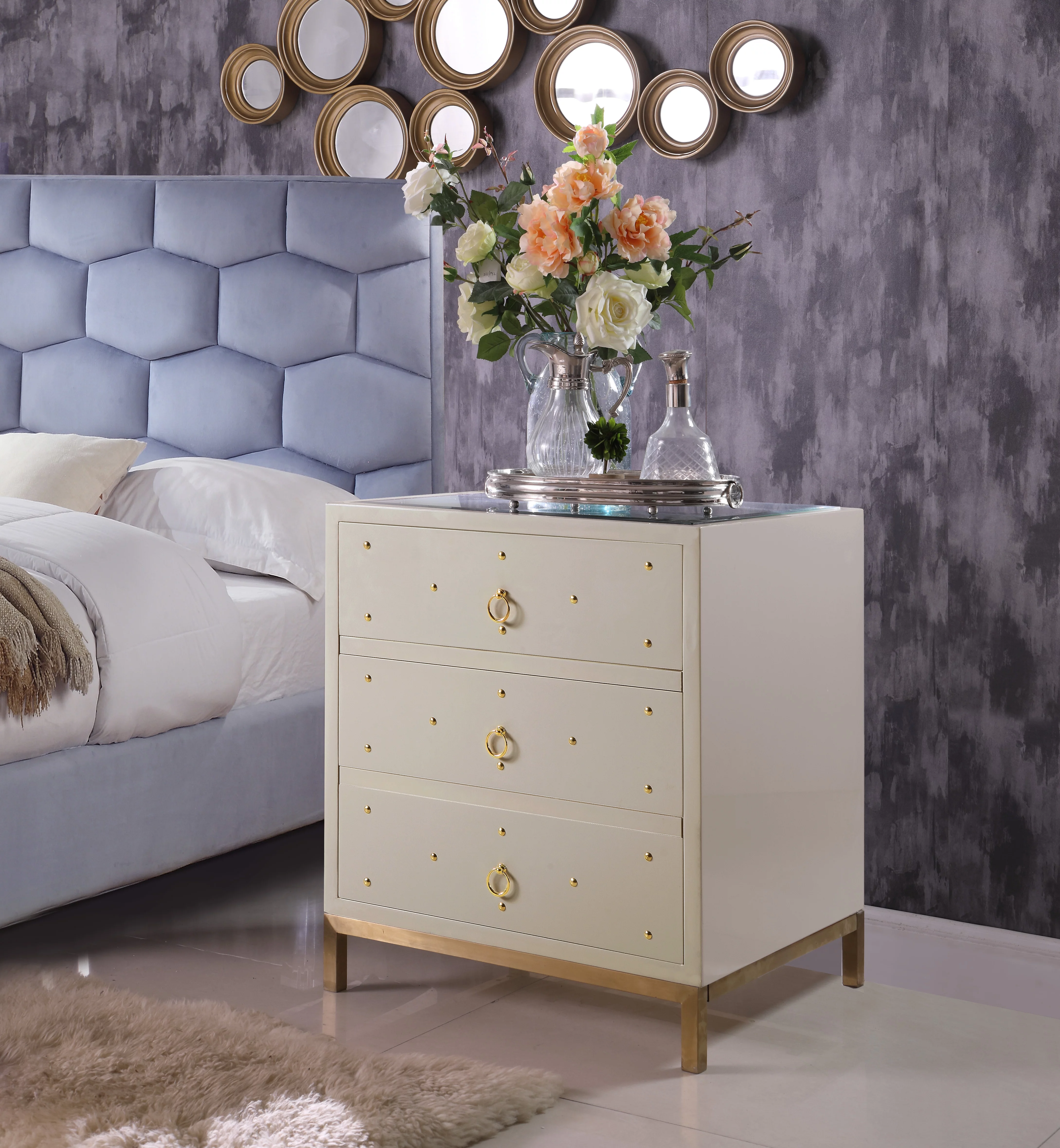 Chic Home Arezzo Nightstand Side Table Mirror Glass Top with 3 Self Closing Drawers