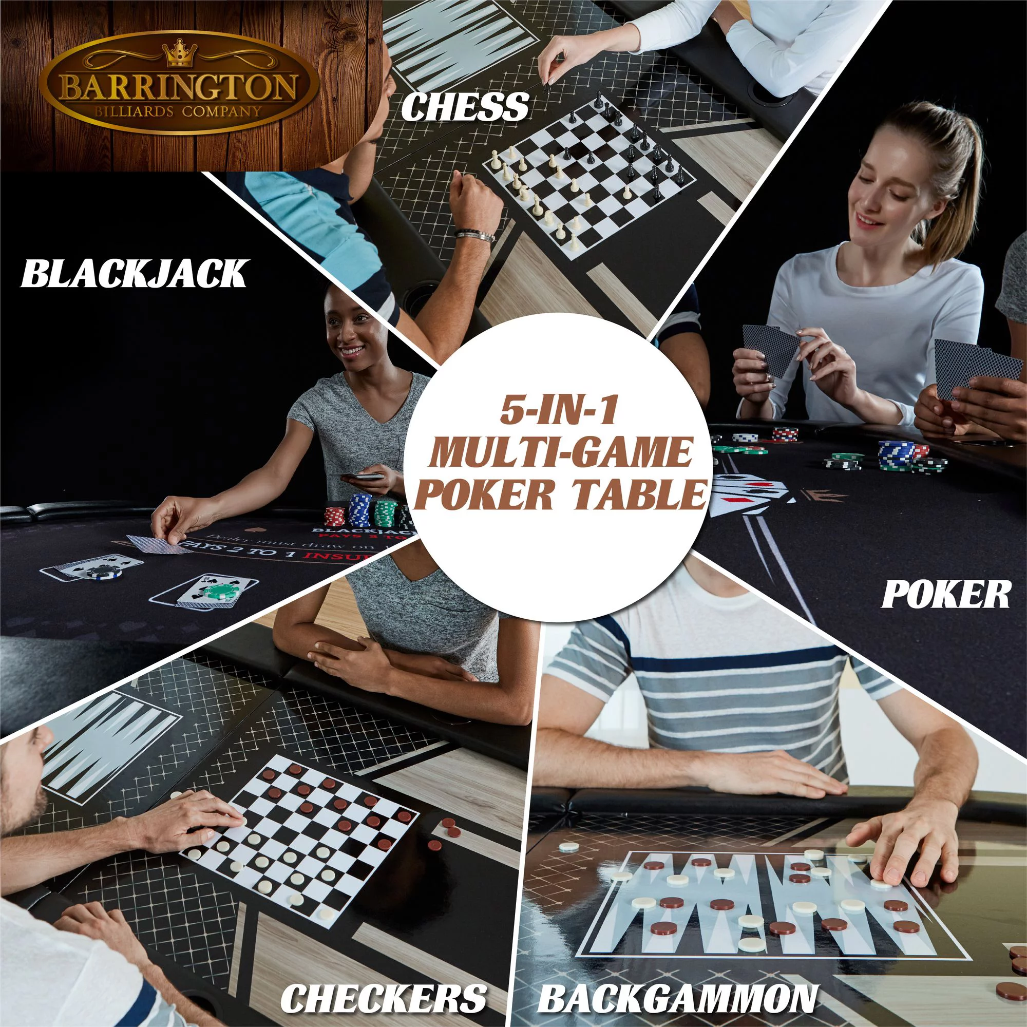 Barrington 6 Player 5 in 1 Poker and Card Game Table, Blackjack, Poker, Checker, Chess, Backgammon, Black