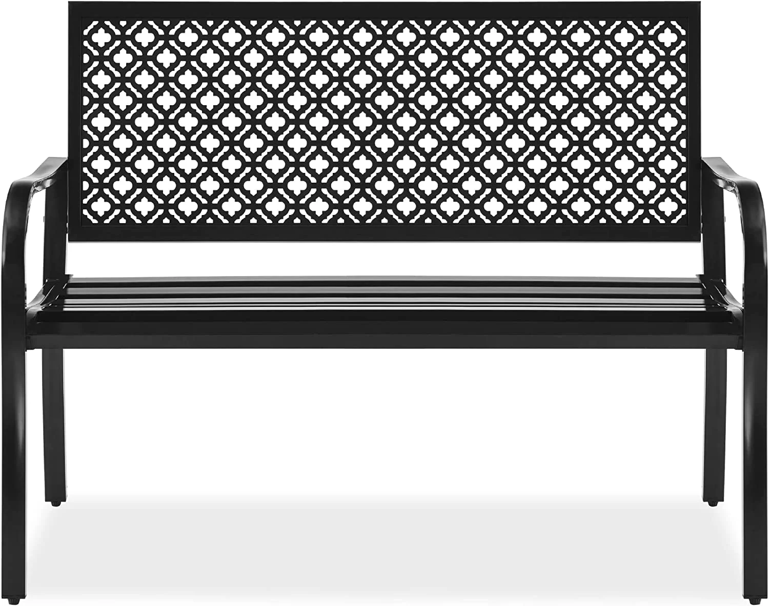 Outdoor Bench 2-Person Metal Steel Benches Furniture for Garden, Patio, Porch, Entryway w/Geometric Backrest, 790lb Capacity – Black