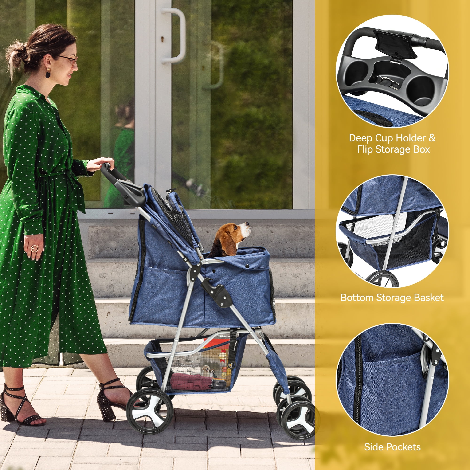 Dextrus 4 Wheel Foldable Dog Stroller with Storage Basket, Pet Stroller with 360? Rotation Wheel, for Small Medium Dogs & Cats,Navy Blue