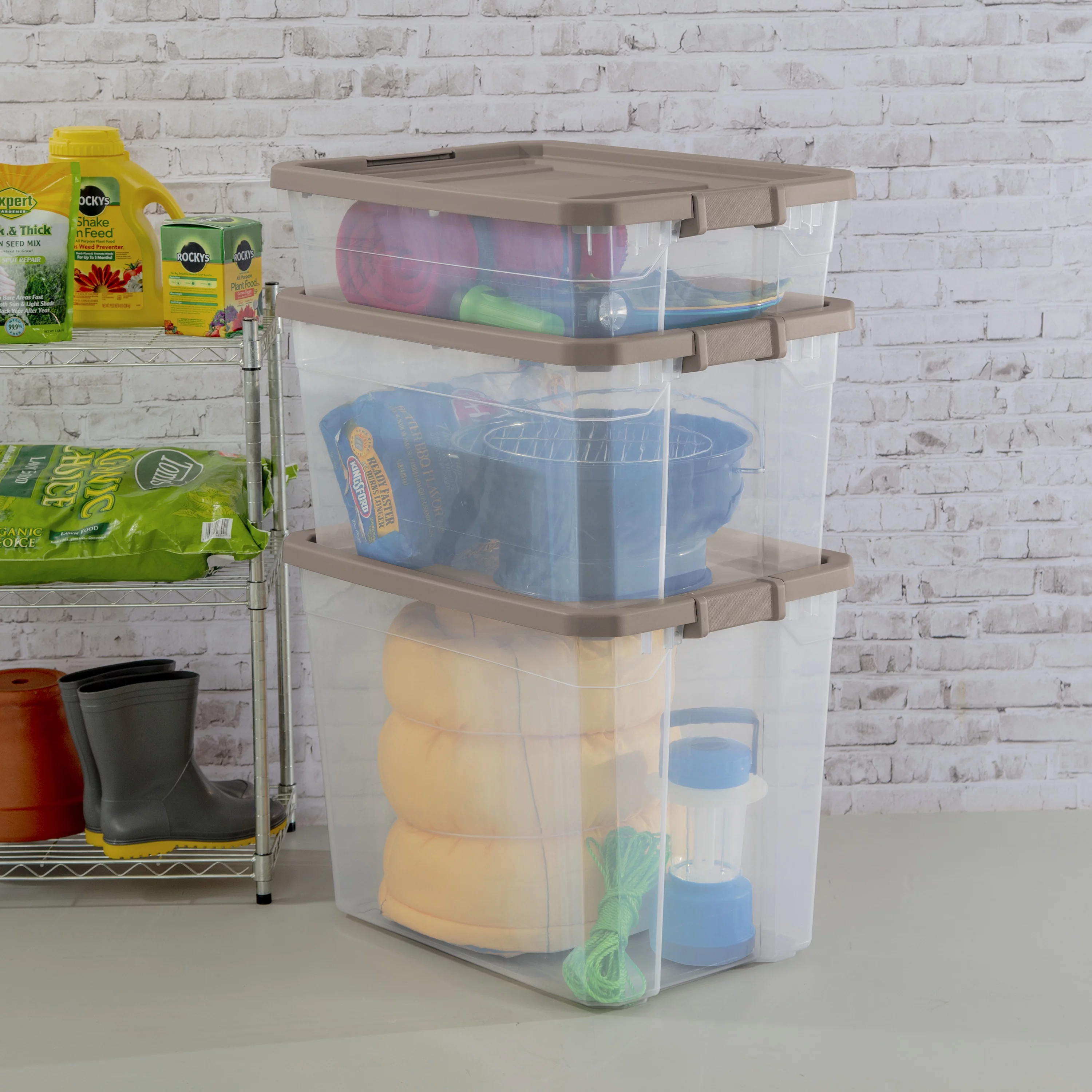 Sterilite Plastic 108 Qt. Stacker Box Taupe Splash Set of 4